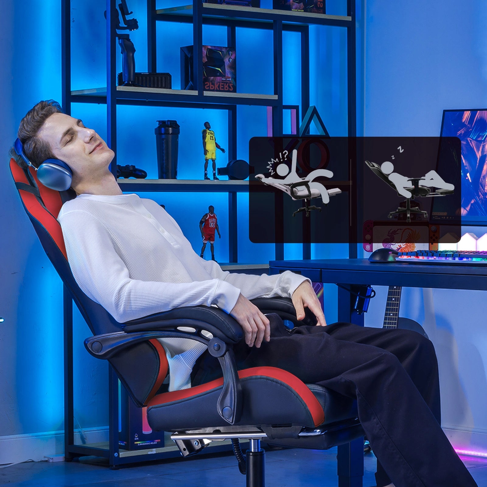 GTPLAYER Fotel Gamingowy z Podnóżkiem, Ergonomiczny Fotel Biurowy Czerwony Furniture width 57 cm