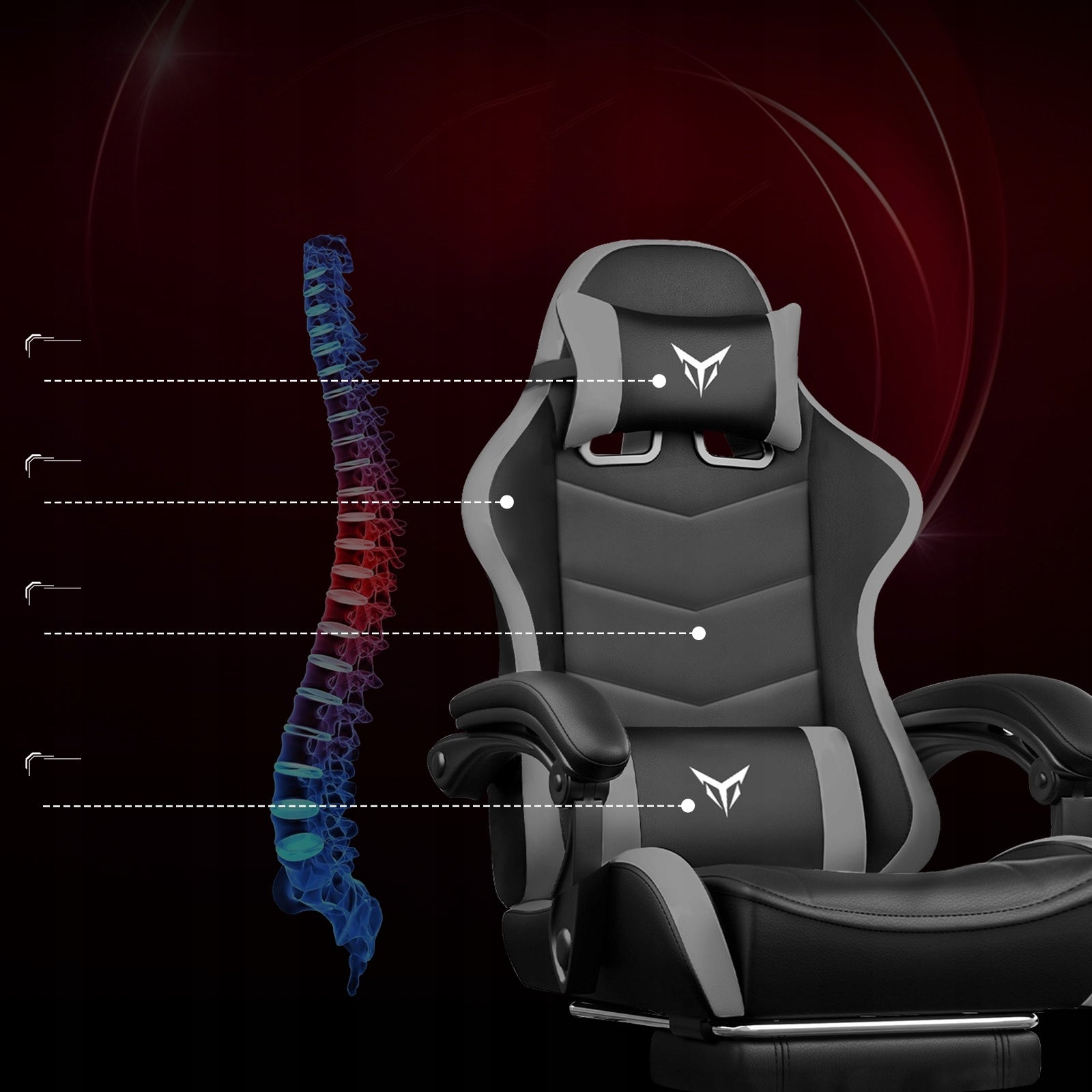 GTPLAYER Fotel Gamingowy z Podnóżkiem, Ergonomiczny Fotel Biurowy Szary Furniture depth 70 cm