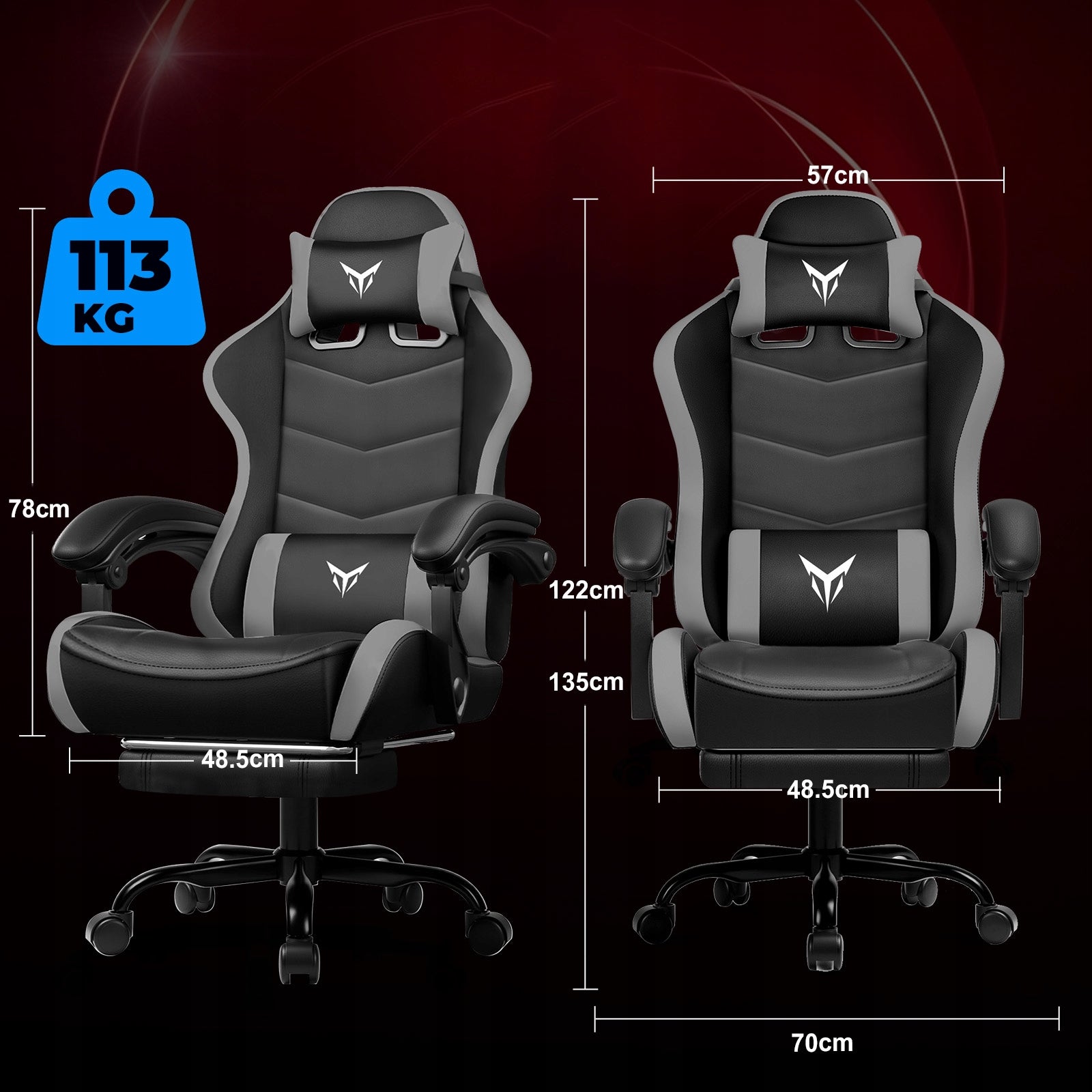 GTPLAYER Fotel Gamingowy z Podnóżkiem, Ergonomiczny Fotel Biurowy Szary Model z Podnóżkiem