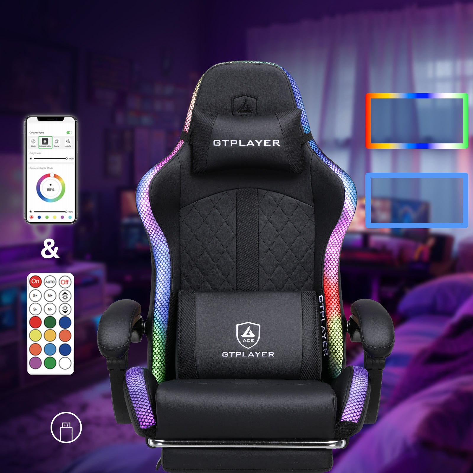 GTPLAYER Fotel gamingowy z głośnikiem i listwą świetlną Manufacturer code GTP800-BLK