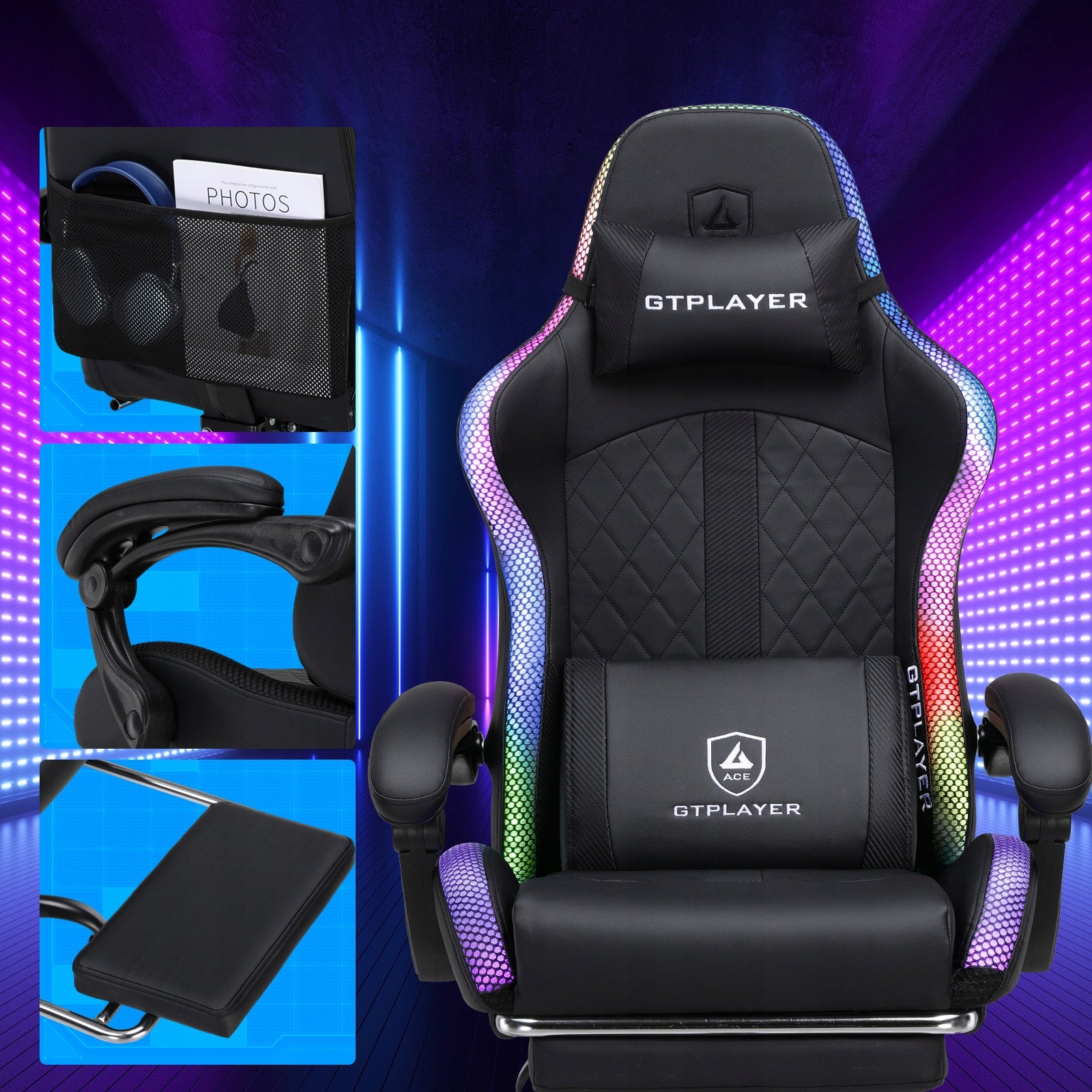 GTPLAYER Fotel gamingowy z głośnikiem i listwą świetlną Packaging status original