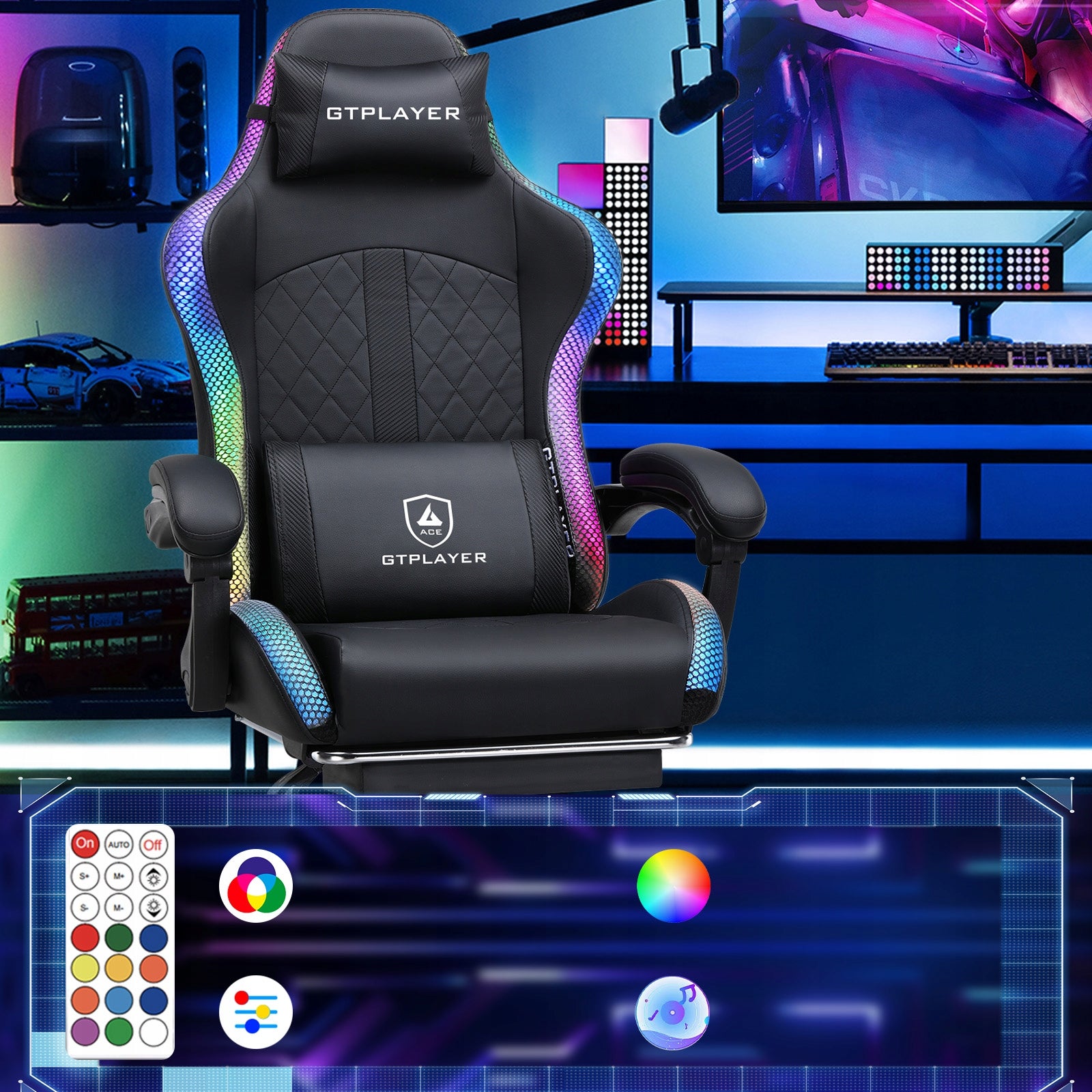 GTPLAYER Fotel gamingowy z głośnikiem i listwą świetlną Upholstery color black