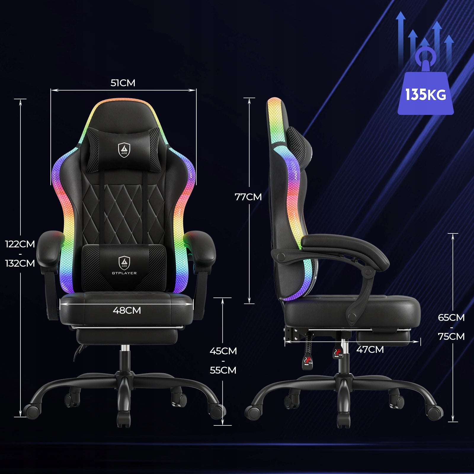 GTPLAYER Gaming Chair z LED - Fotel Gamingowy , Obrotowy z Podnóżkiem Brand GTPLAYER