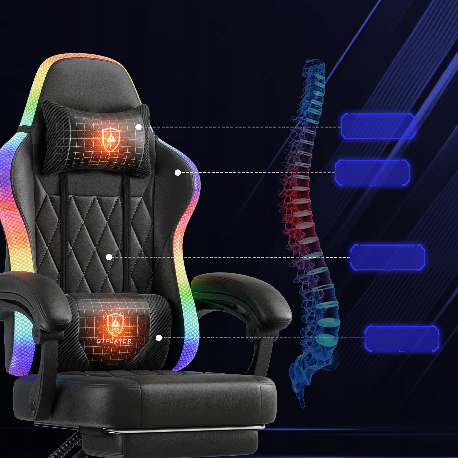 GTPLAYER Gaming Chair z LED - Fotel Gamingowy , Obrotowy z Podnóżkiem Manufacturer code GT522-BLK-LED