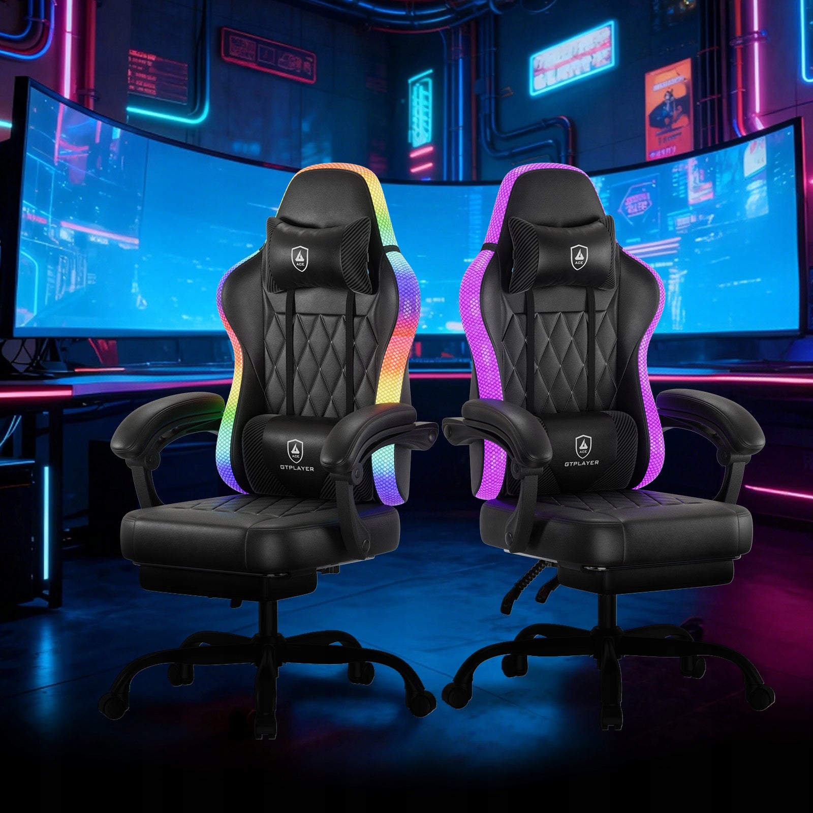 GTPLAYER Gaming Chair z LED - Fotel Gamingowy , Obrotowy z Podnóżkiem Model z LED