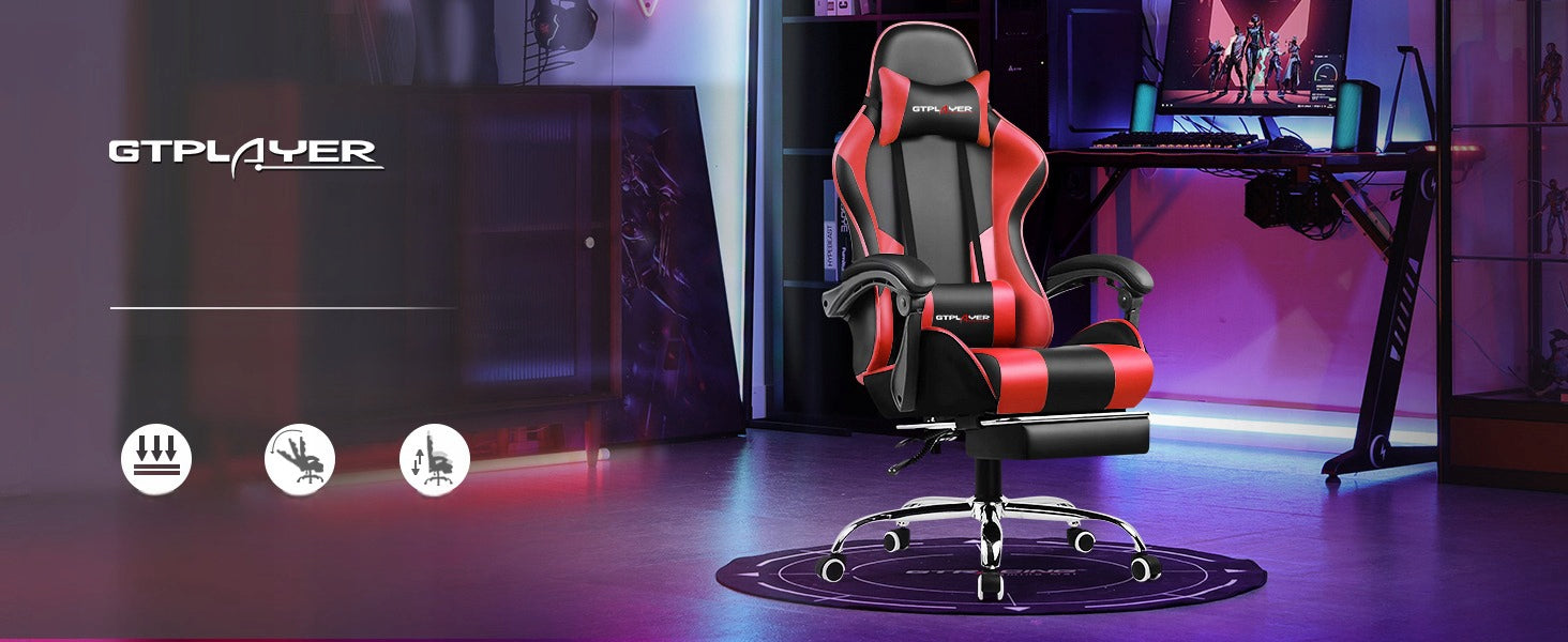 GTPLAYER Gaming chair with footrest and lumbar massage cushion Furniture depth 70 cm