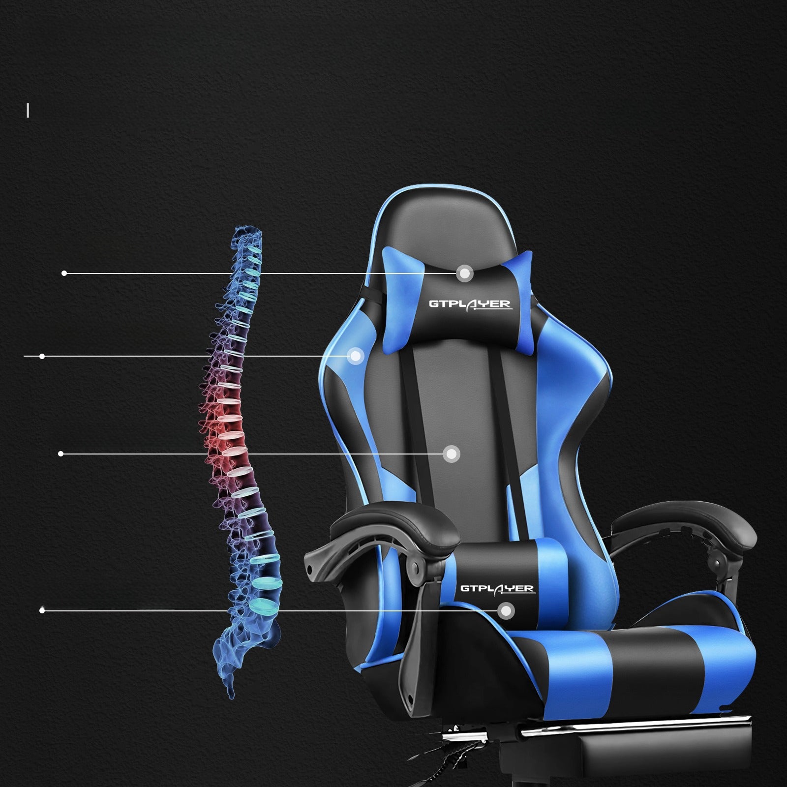 GTPLAYER Gaming chair with footrest and lumbar massage cushion Furniture height 135 cm