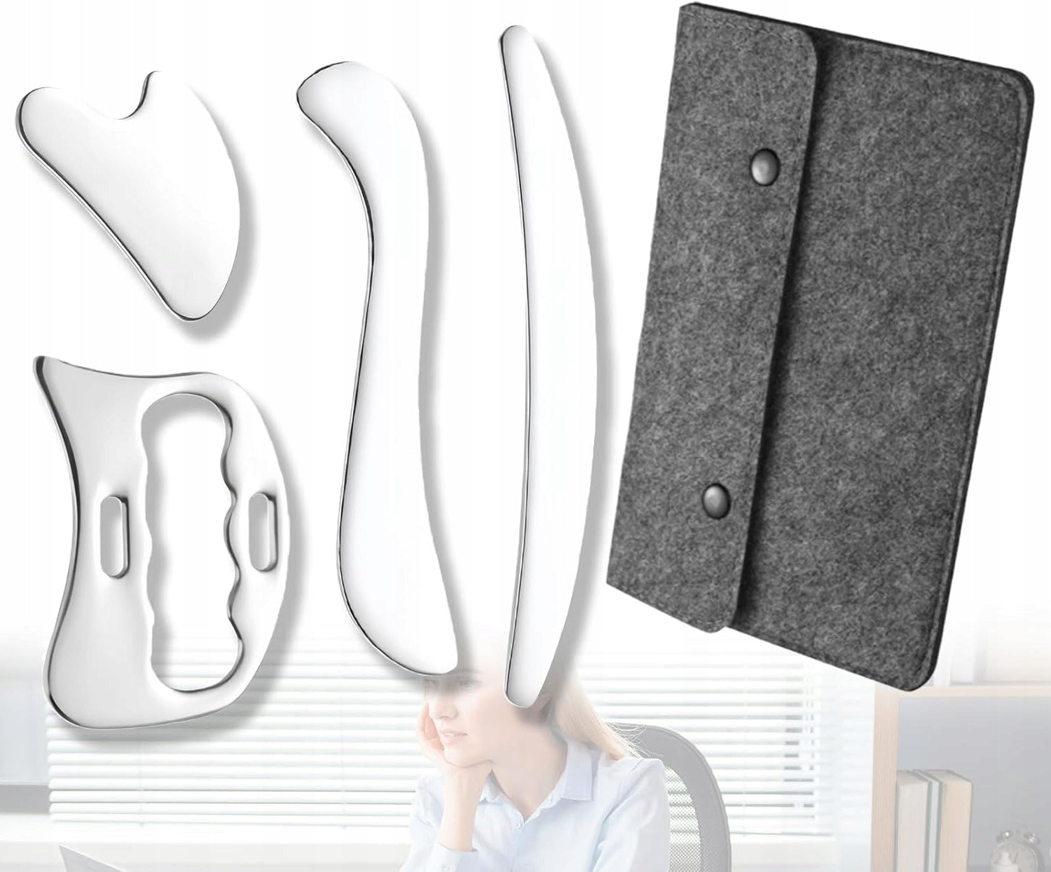 GUA SHA SET OF 4IN1 STAINLESS STEEL FELT FASCIA MASSAGE BAG