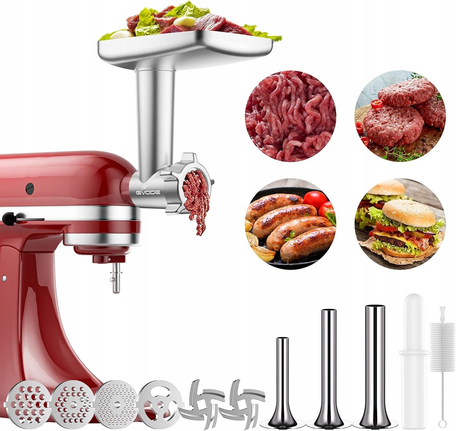 GVODE KitchenAid Meat Grinder + 2 Sausage Caps 3 Strainers