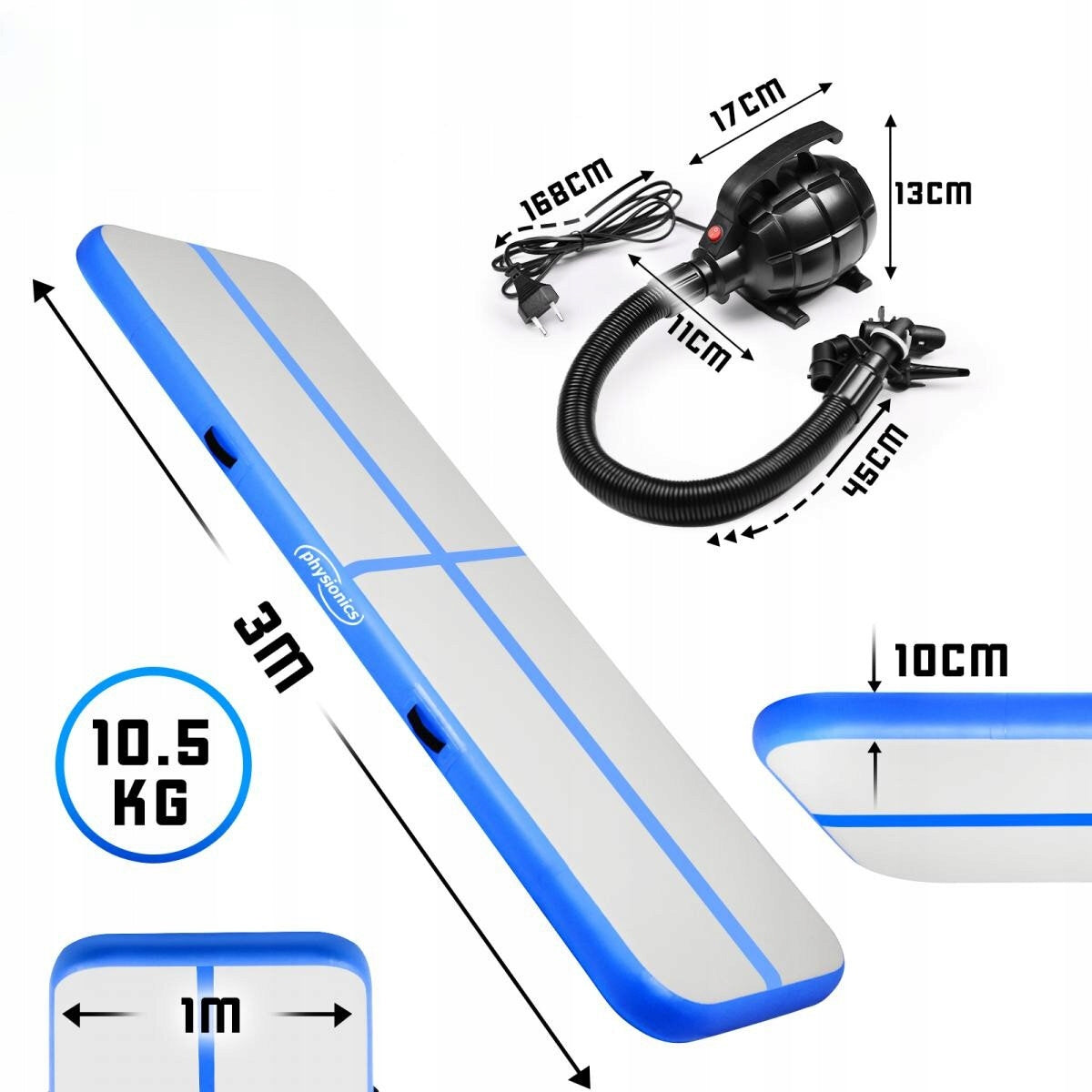 GYMNASTICS TRAINING MAT 300CM BLUE PUMPED INFLATABLE FOR EXERCISE Color blue