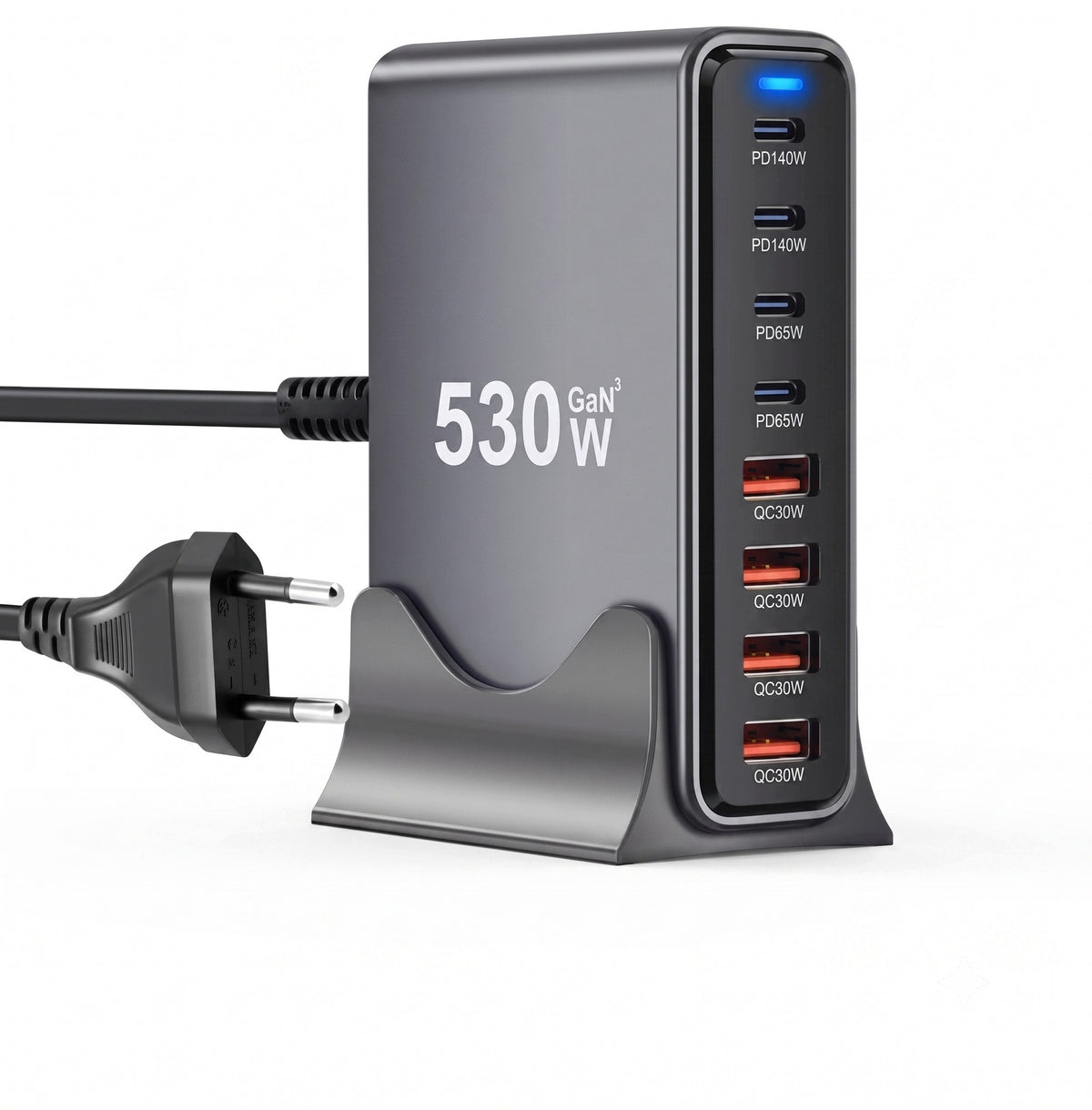 GaN Desktop Charger 530W 8 Ports USB-C PD140W QC3.0 Stand Cable