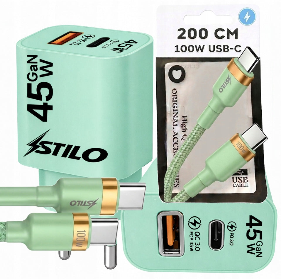 GaN Fast Charger for 45W Phone + Powerful 2m 100W USB C-C Cable