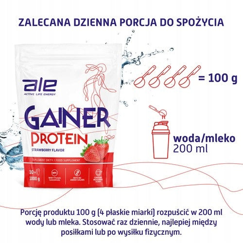 Gainer Protein Strawberry Flavor Powder, ALE, 1000 g Packaging status original