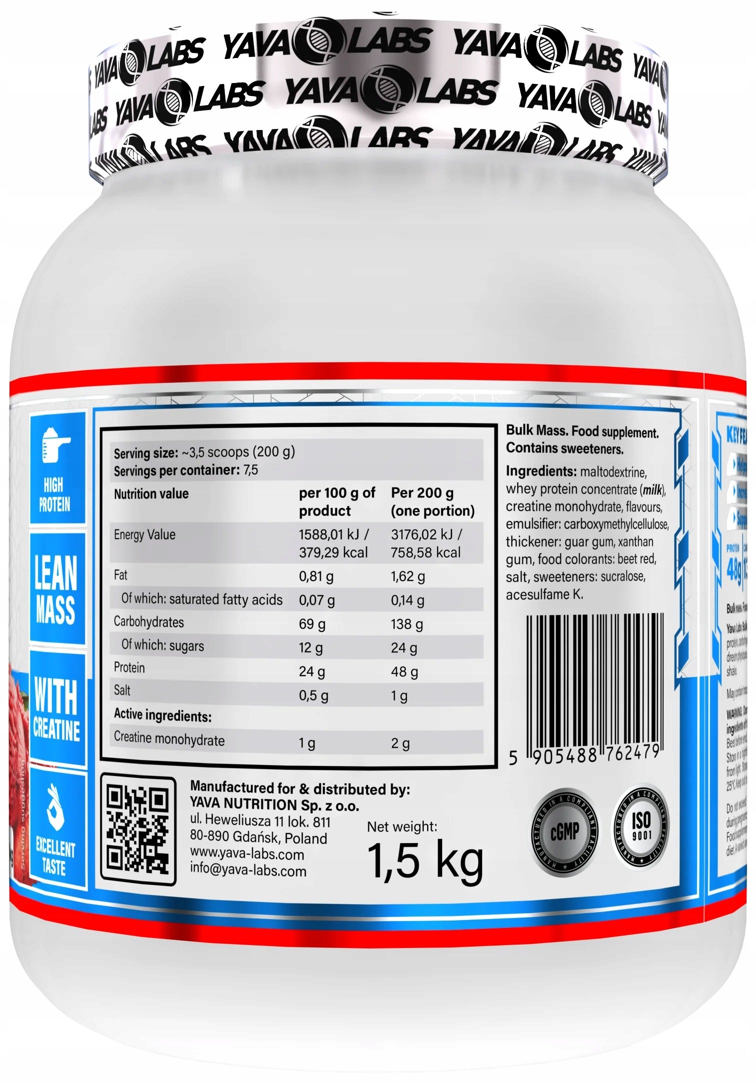 Gainer for athletes Bulk Mass Yava Labs Strawberry 1.5kg Expiration date at least 1 year from the date of purchase
