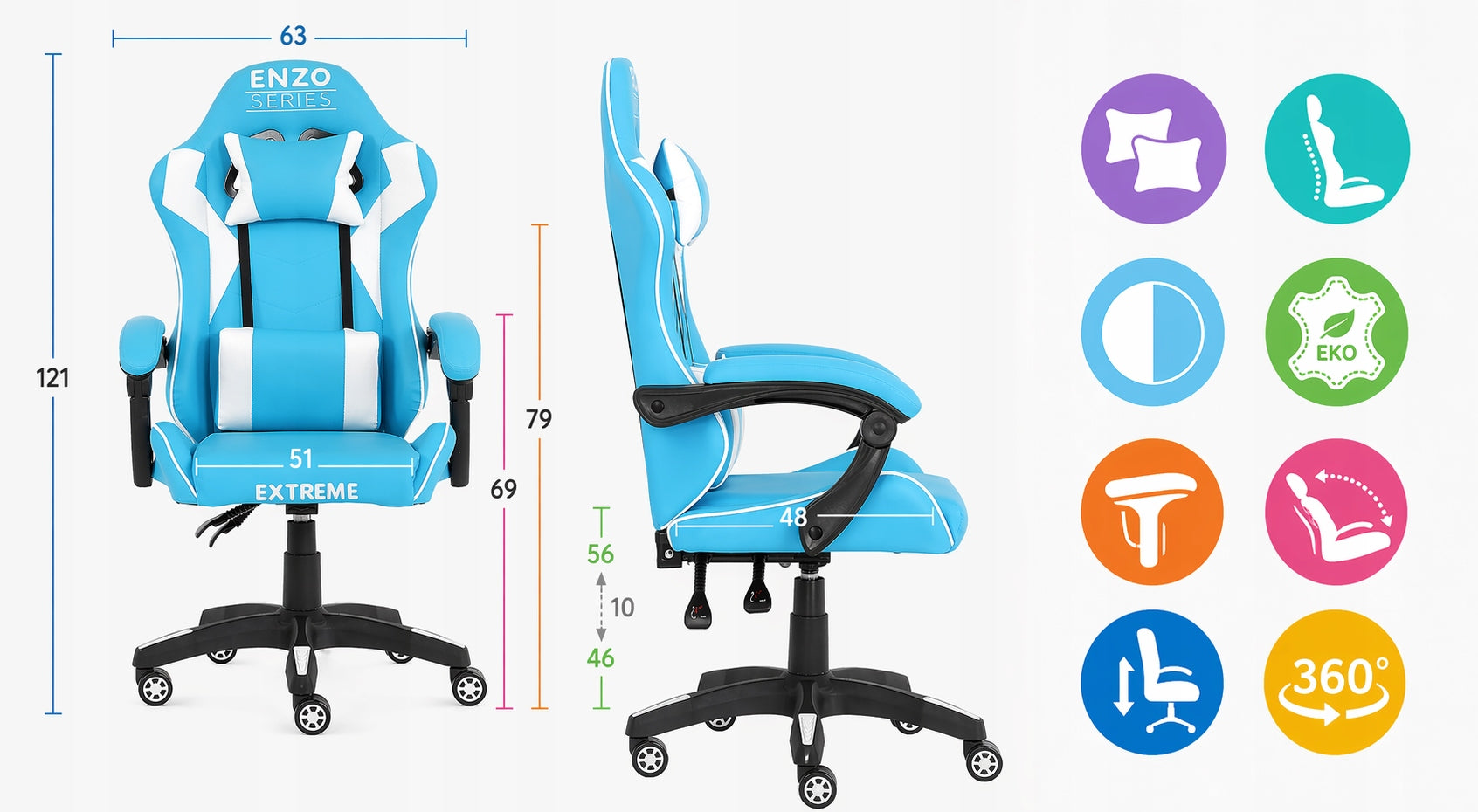 Gaming Chair Blue Extreme ENZO Swivel Faux Leather Desk Chair Upholstery color white