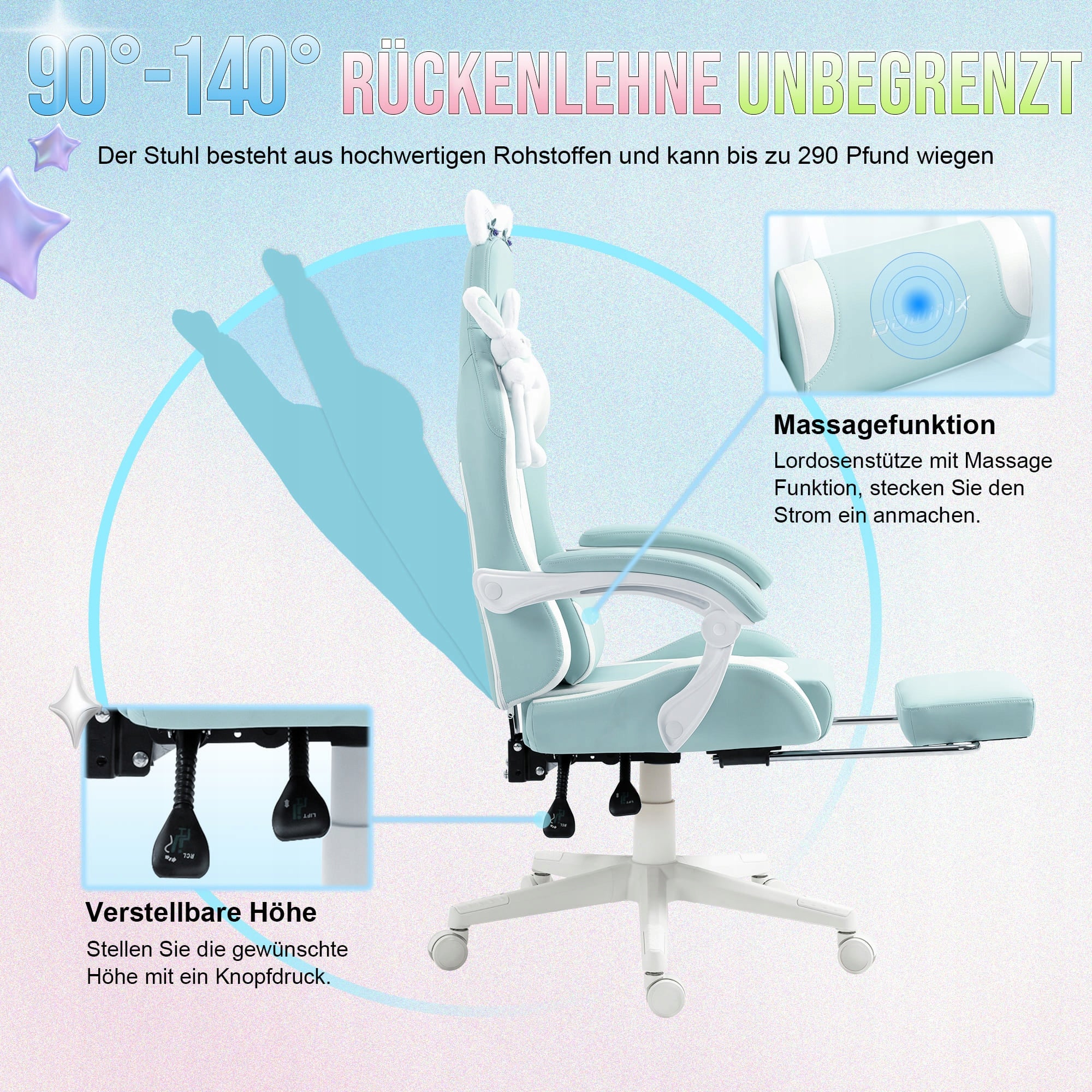 Gaming Chair with Cat Ears Ergonomic with Footrest Blue Furniture height 135 cm
