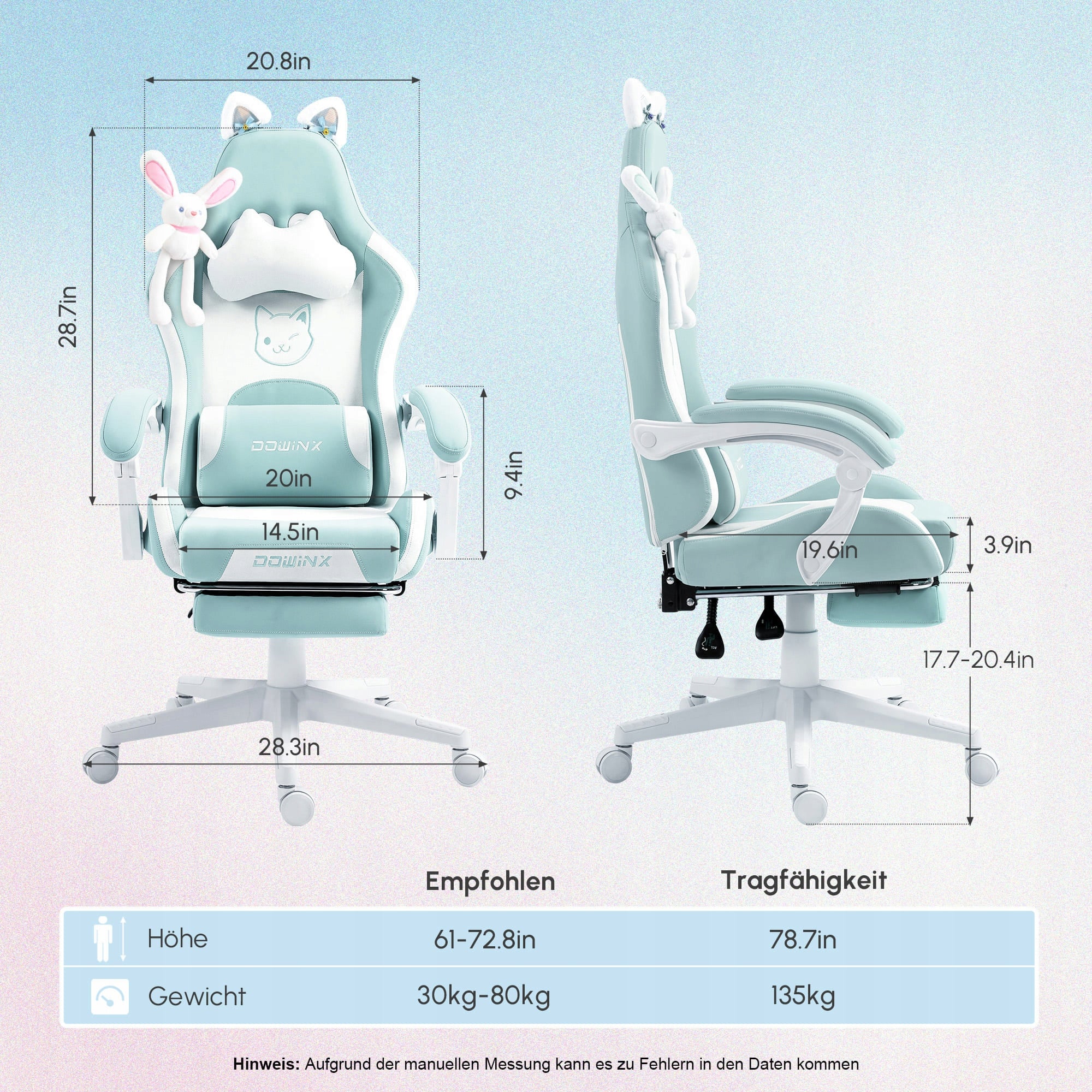 Gaming Chair with Cat Ears Ergonomic with Footrest Blue Seat width 57 cm