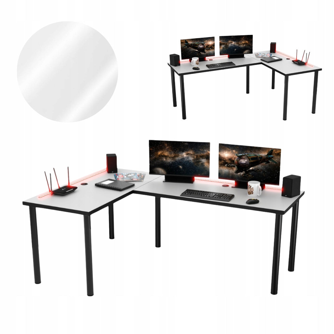 Gaming Desk Corner White Double Sided LED