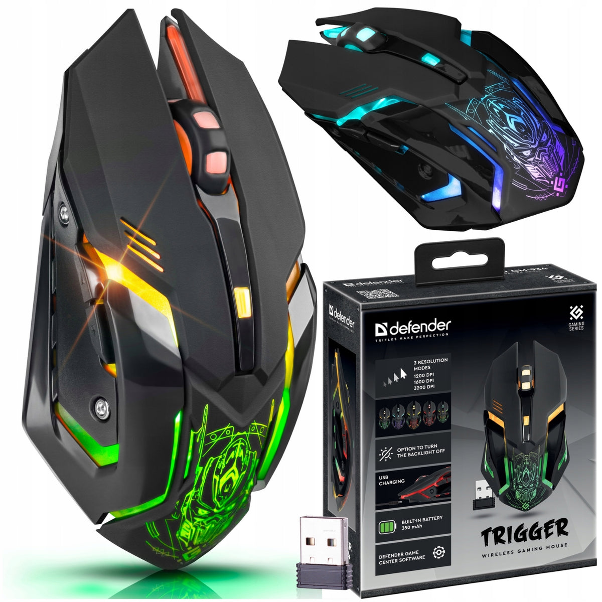 Gaming Mouse Wireless Defender Trigger 3200 DPI LED Rechargeable Battery