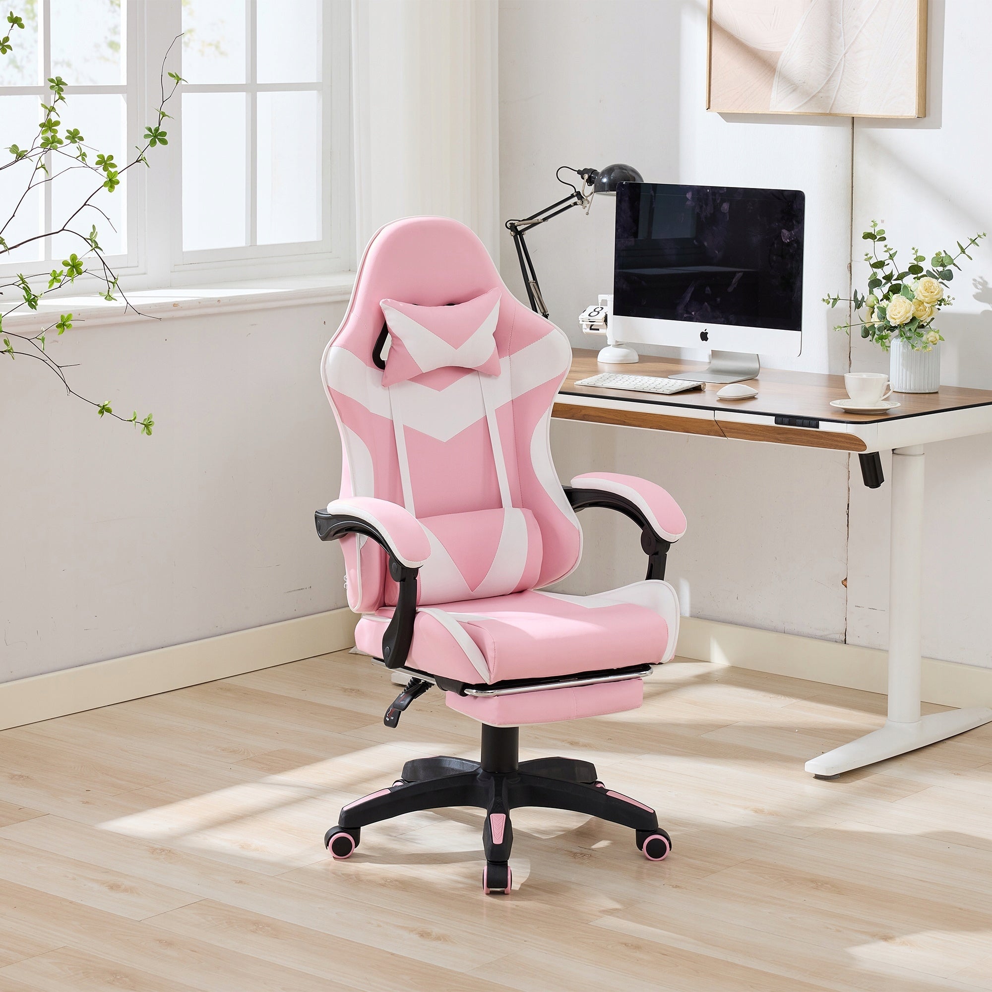 Gaming chair 360° leather adjustable white and pink office game