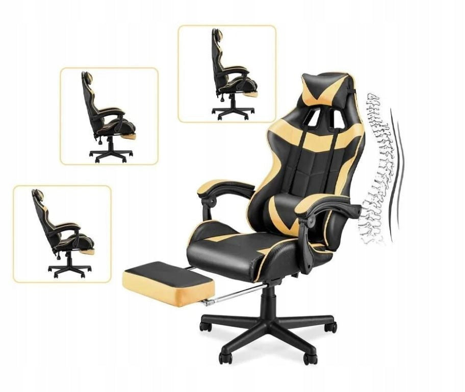 Gaming chair Games gold/black office chair with footrest + massage Furniture height 117 cm