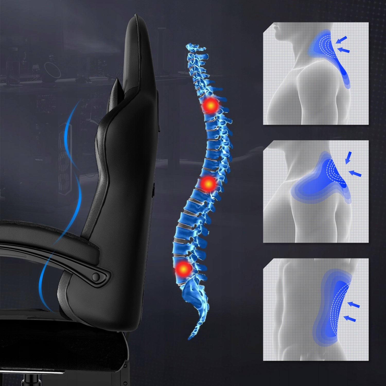 Gaming chair ergonomic health spine with footrest black Model czarny