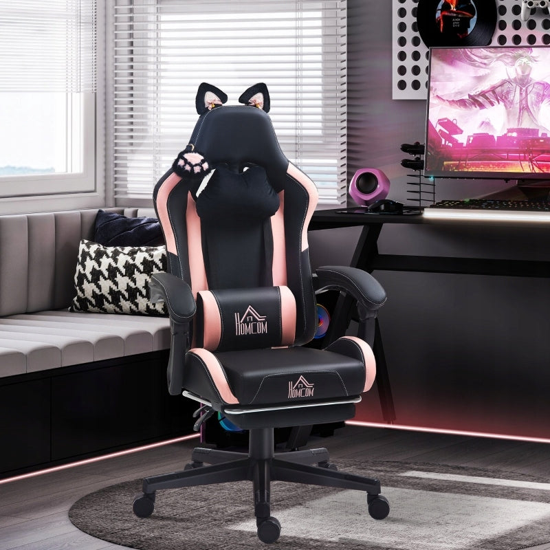 Gaming chair with cat ears adjustable backrest extendable footrest up to 120 Furniture depth 62 cm