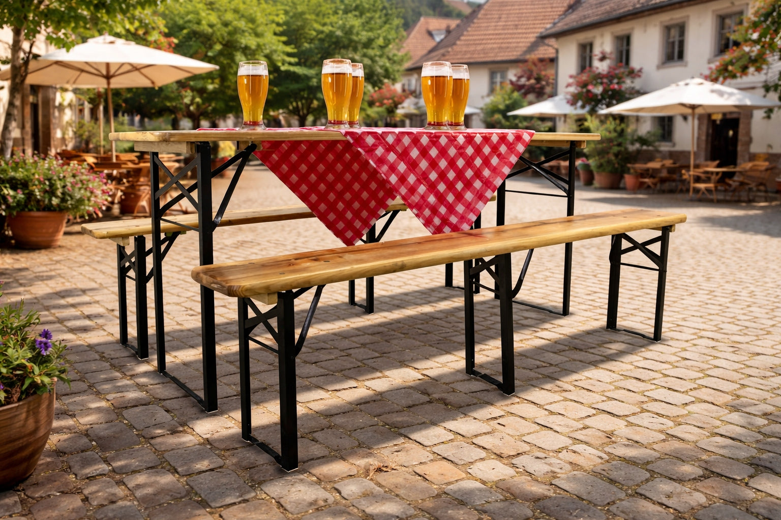 Garden Beer Feast Set 180 cm Table 2 Benches Folding Wood Beige Color brown