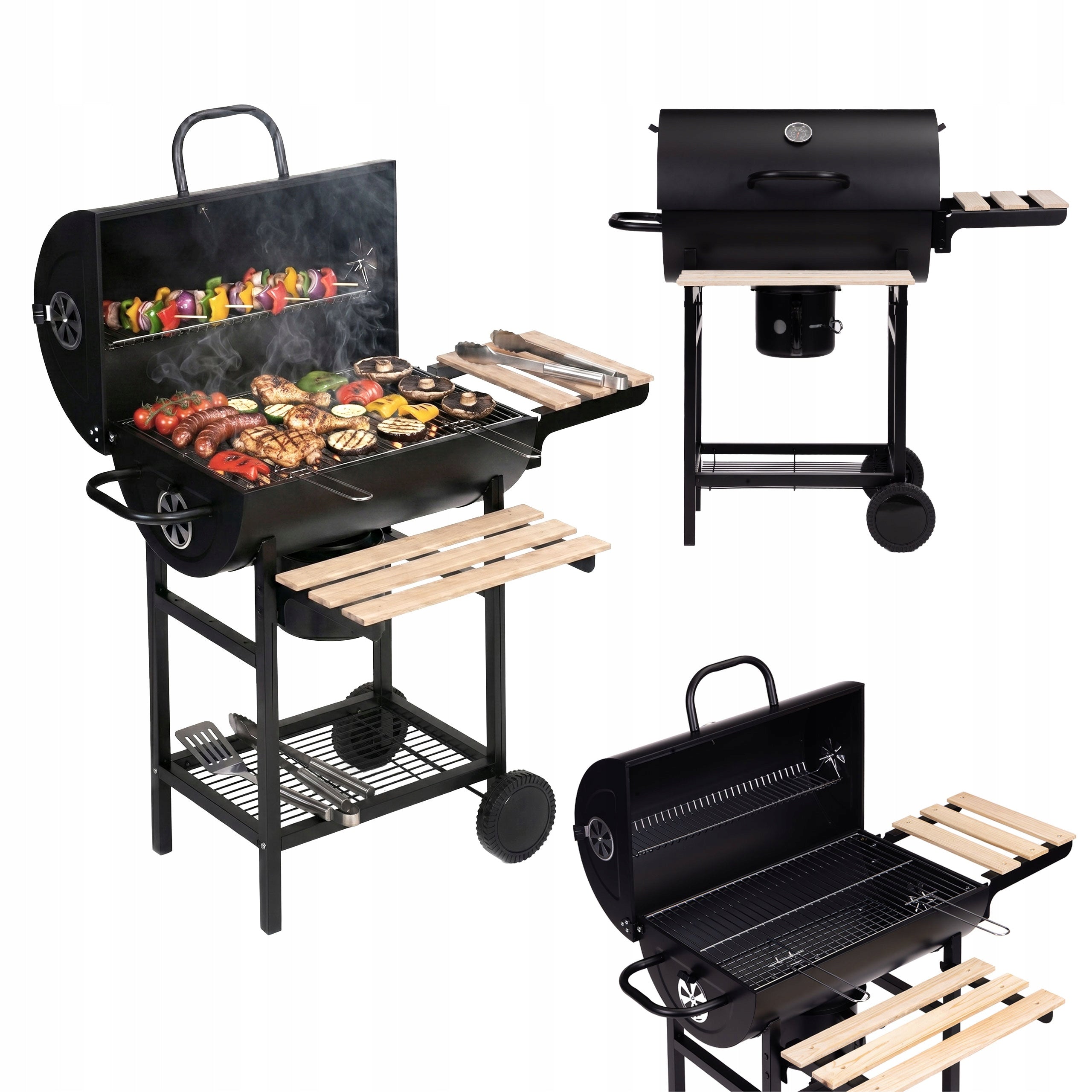 Garden Charcoal Grill with Cover Thermometer Ashtray Wooden Shelf Packaging status original