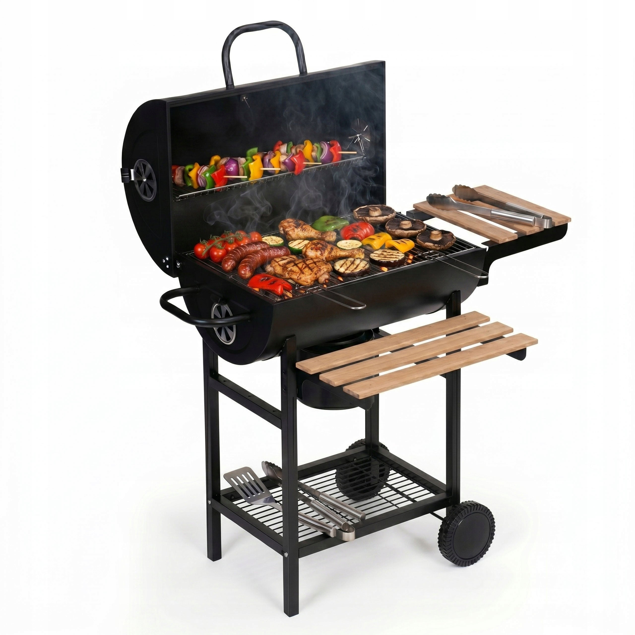 Garden Charcoal Grill with Cover Thermometer Ashtray Wooden Shelf
