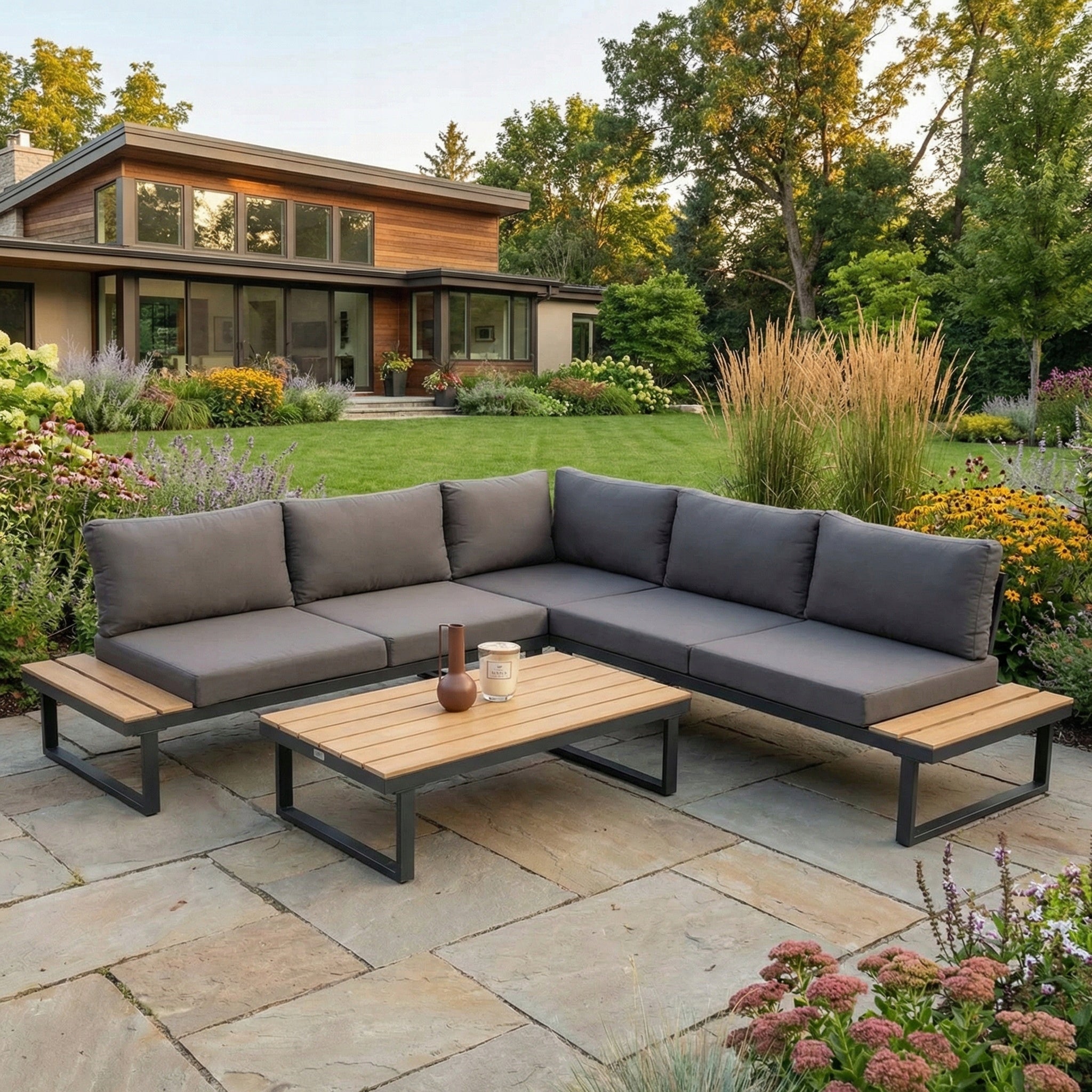 Garden Corner Seating EMERSON Furniture Set Grey Wooden Inserts Manufacturer Focus Garden