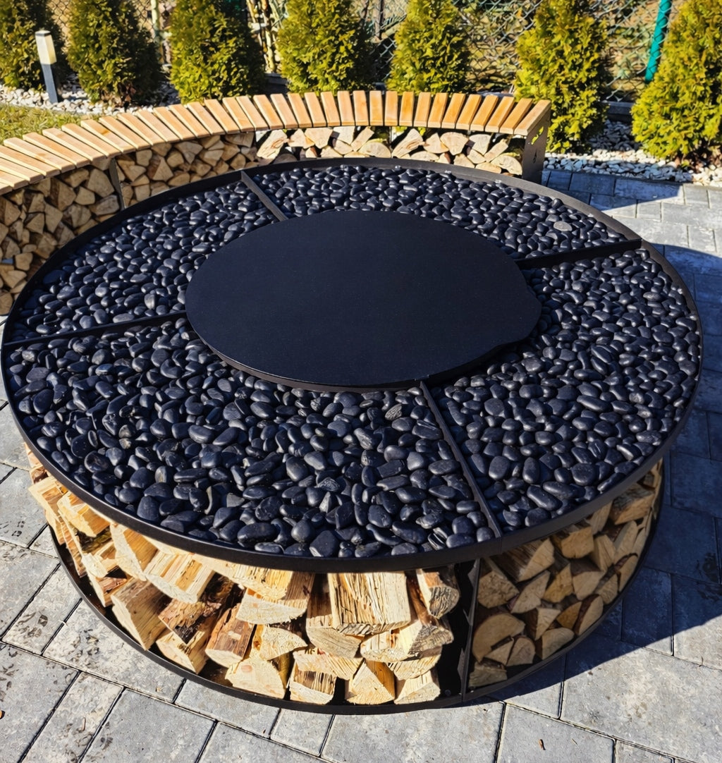 Garden Fireplace Titania 156 cm with Wood Shelf Zinc + Lacquer + Cover Grate diameter / width 156 cm