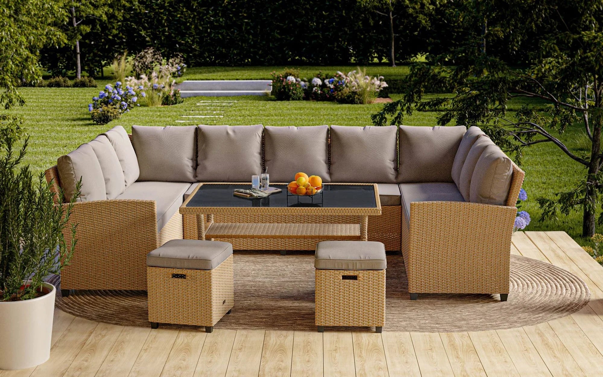 Garden Furniture Set 11 Person Beige Corner Table Furniture Technorattan Number of people over 8