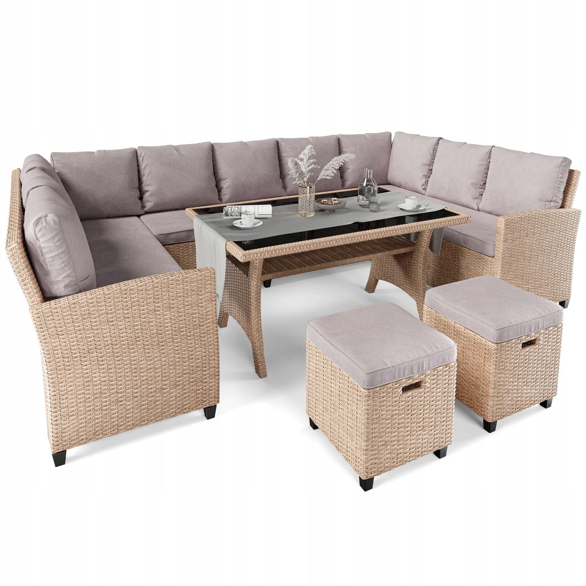 Garden Furniture Set 11 Person Beige Corner Table Furniture Technorattan