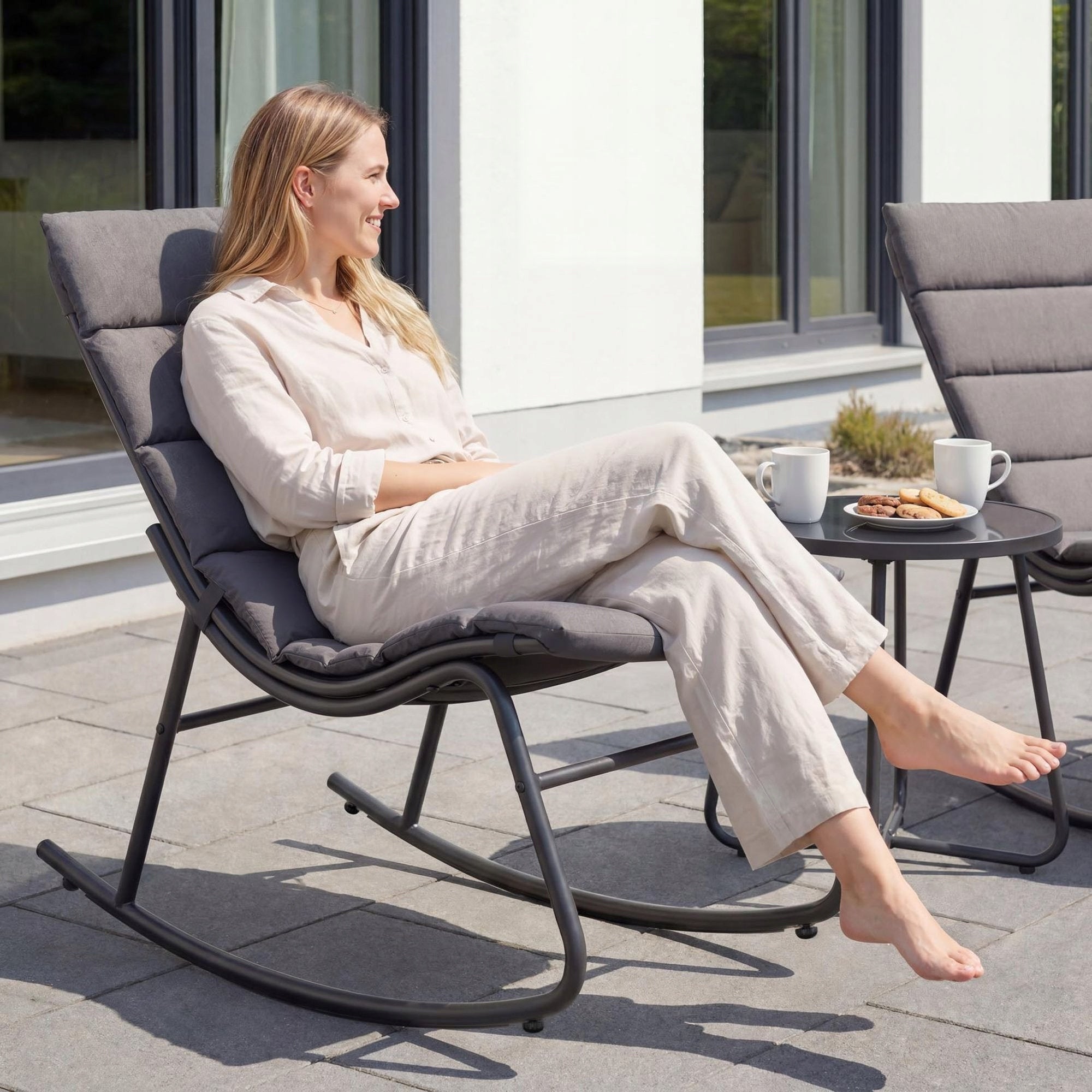 Garden Furniture Set 2 Rocking Chairs Coffee Table Balcony Terrace Graphite Color gray