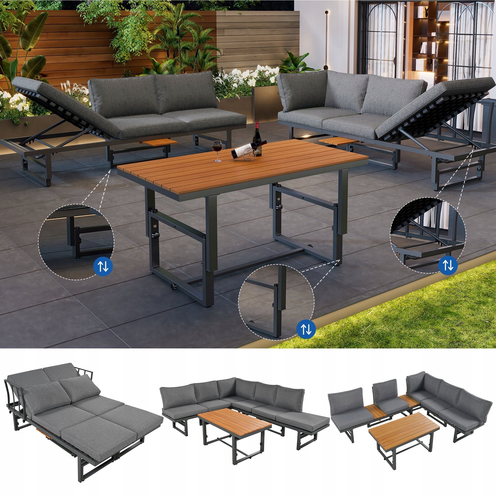 Garden Furniture Set 2 Sofas+Table Adjustable Acacia Wood Iron Grey Manufacturer Arhatreya