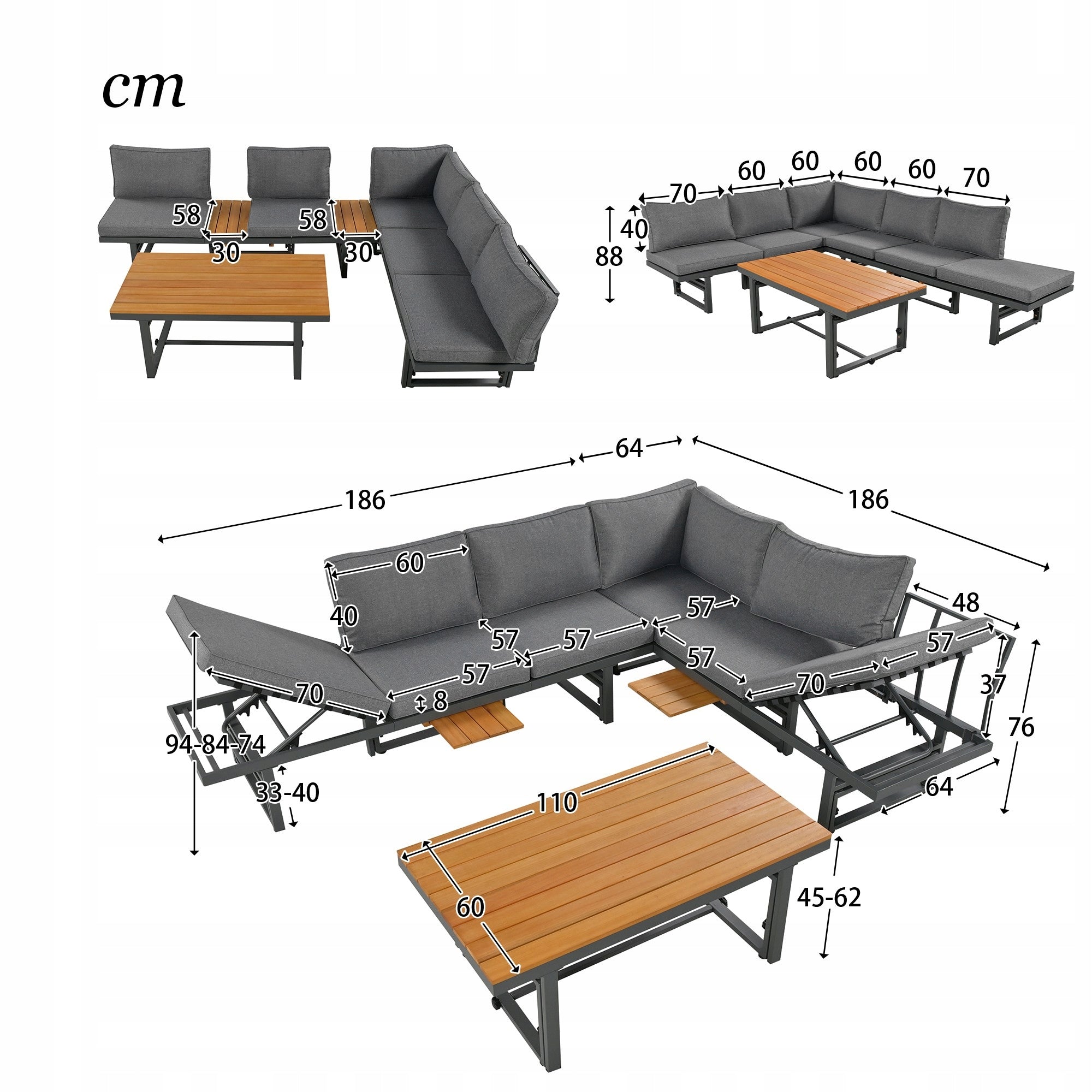 Garden Furniture Set 2 Sofas+Table Adjustable Acacia Wood Iron Grey Packaging status original