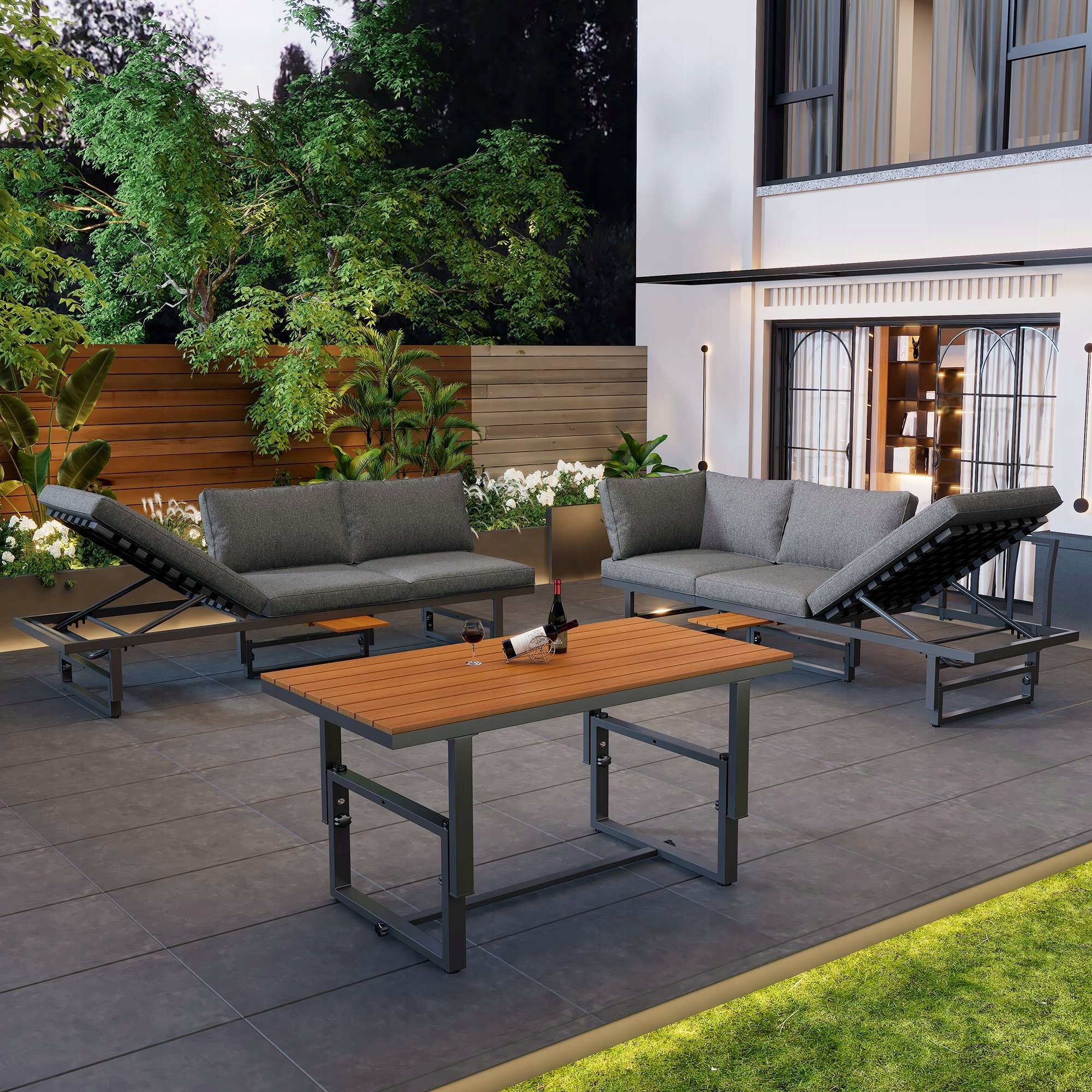 Garden Furniture Set 2 Sofas+Table Adjustable Acacia Wood Iron Grey