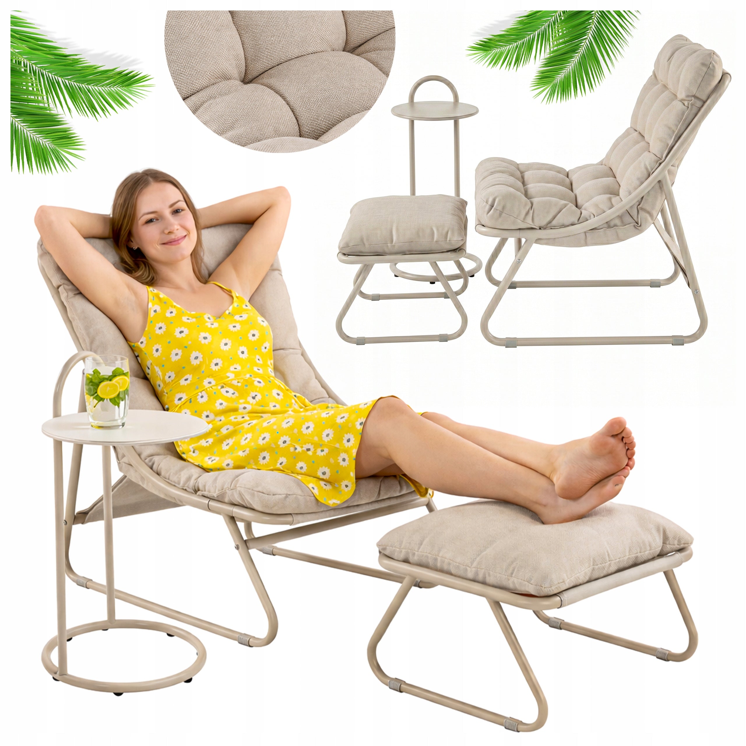 Garden Furniture Set 3in1 ARMCHAIR FOOTREST TABLE Terrace BEIGE