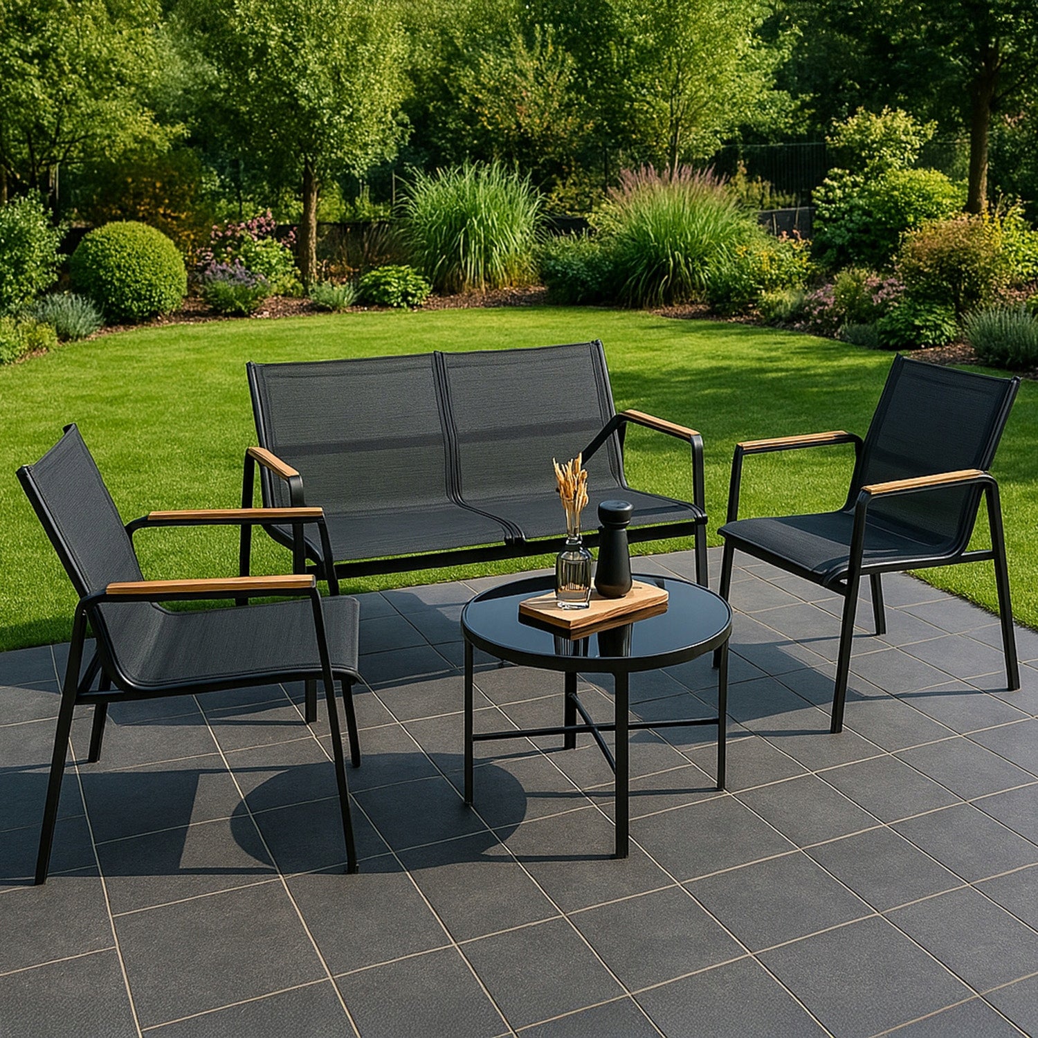 Garden Furniture Set Balcony 2x Armchair Sofa Table MANGO Black Coffee Set contents armchair chair bench end table