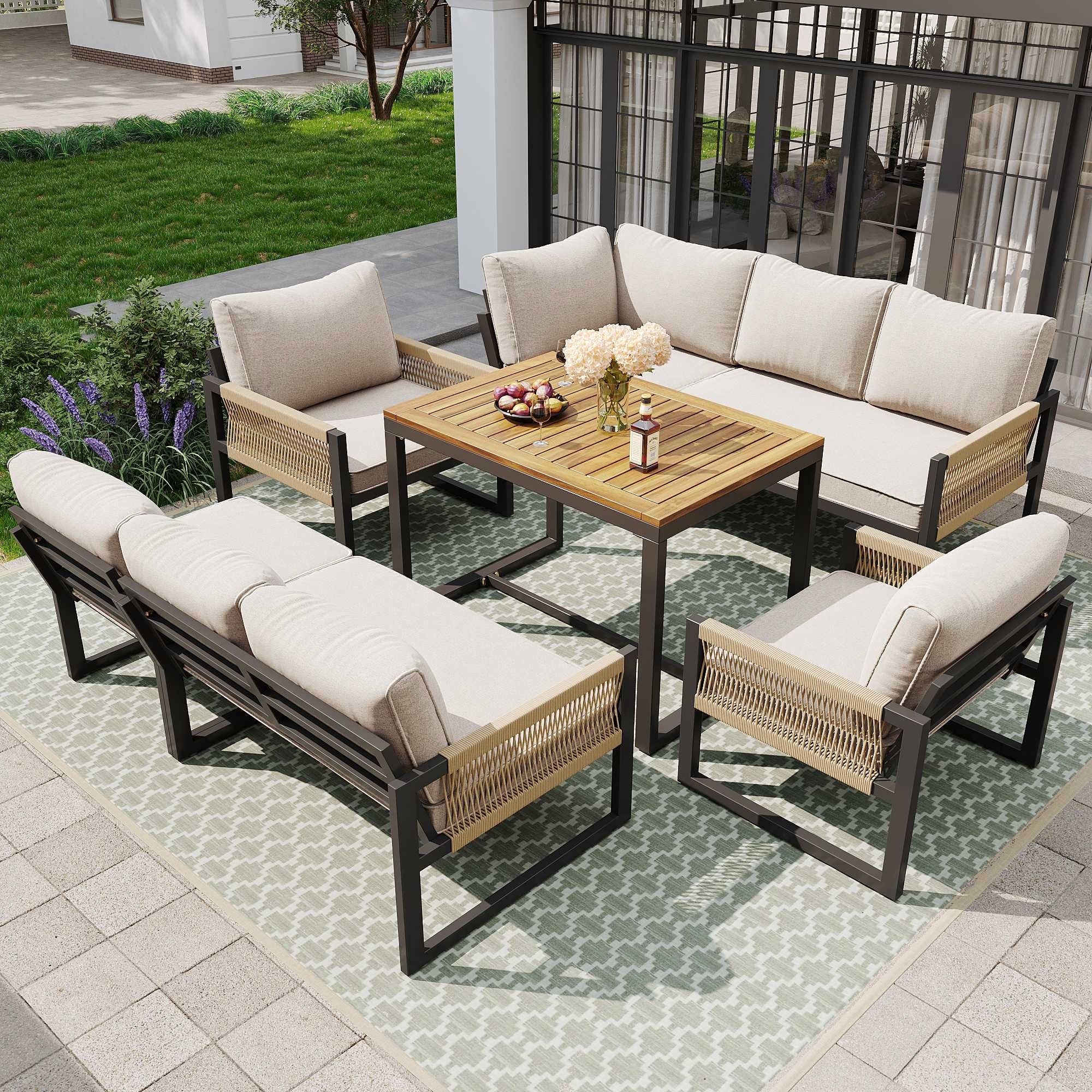 Garden Furniture Set Dining Grey 8 People Waterproof Balcony Terrace Color beige