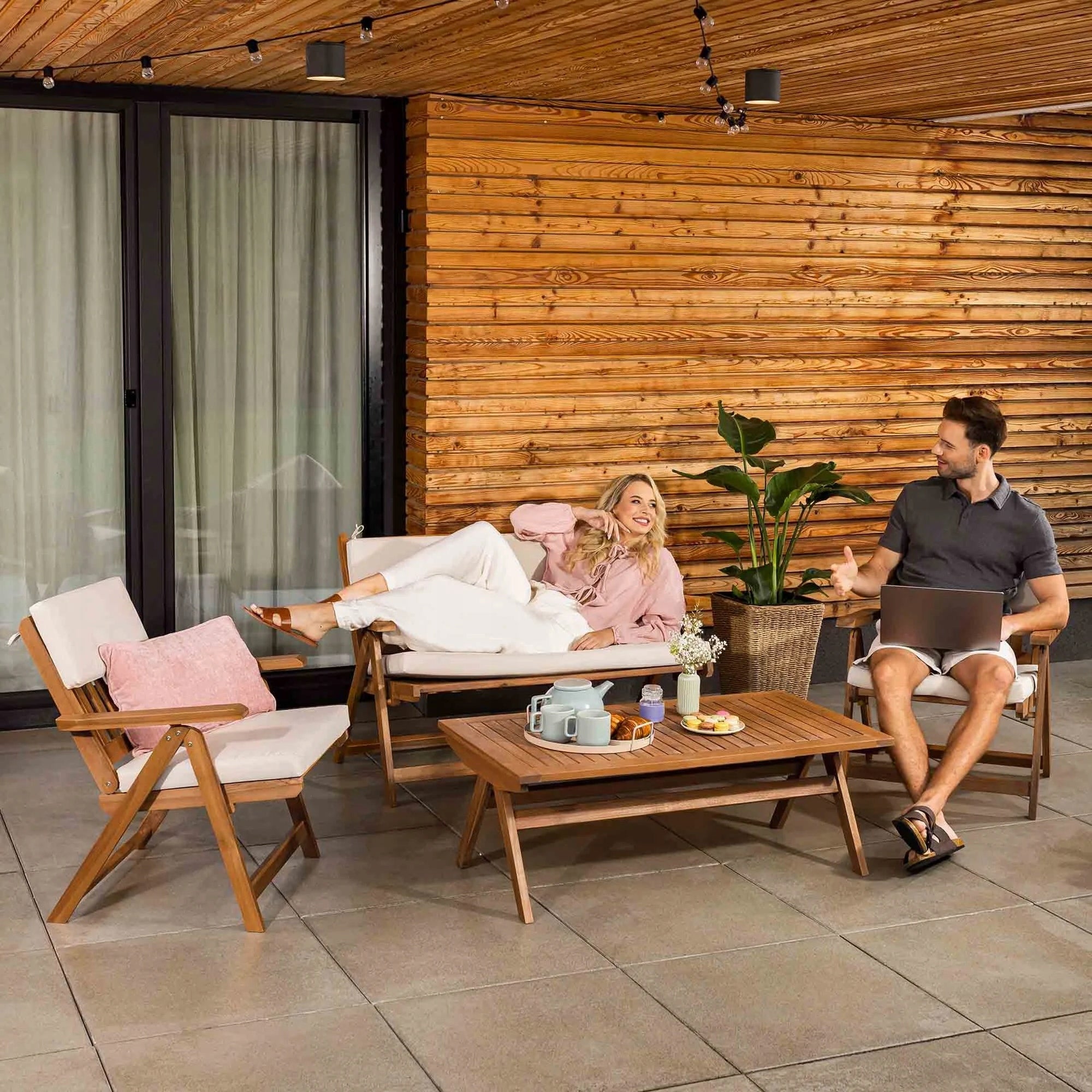 Garden Furniture Set Folding Backrest Adjustment Set Wood Lusiano Set contents armchair bench end table