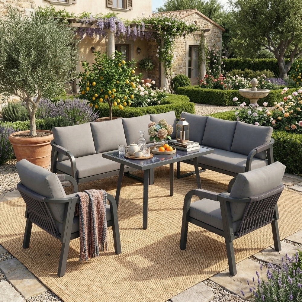 Garden Furniture Set Grey Corner 8 People Galvanized Steel Braided Color gray