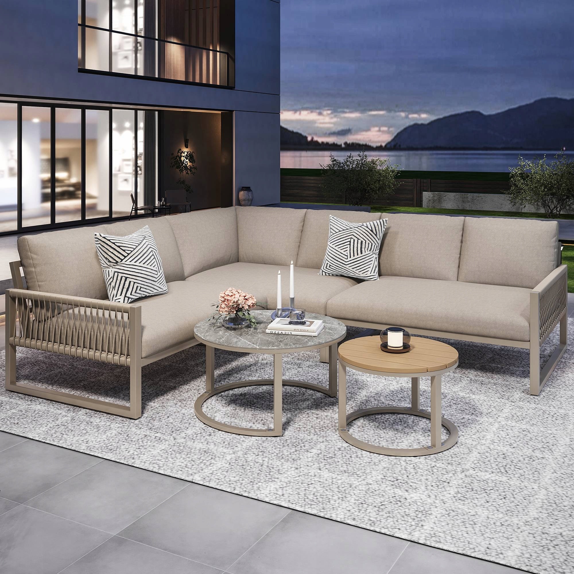 Garden Furniture Set Lounge Beige Iron Galvanized Corner Adjustable Legs Packaging status original