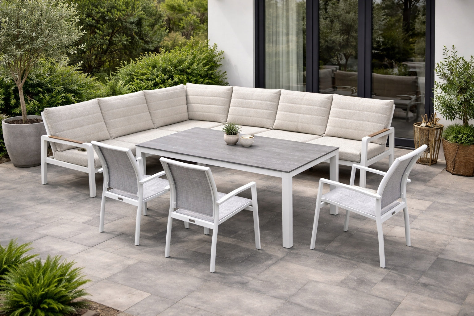 Garden Furniture Set Modular Aluminum Corner + Table + 3 Chairs White Packaging status original