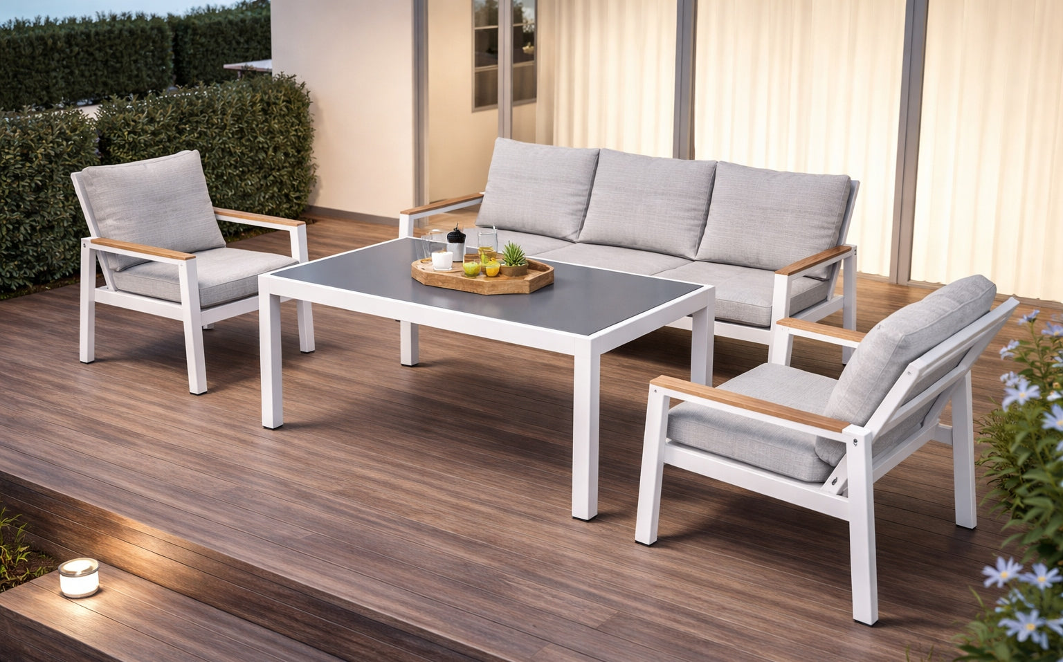 Garden Furniture Set Modular Aluminum Sofa + Table + 2 Armchairs White Packaging status original