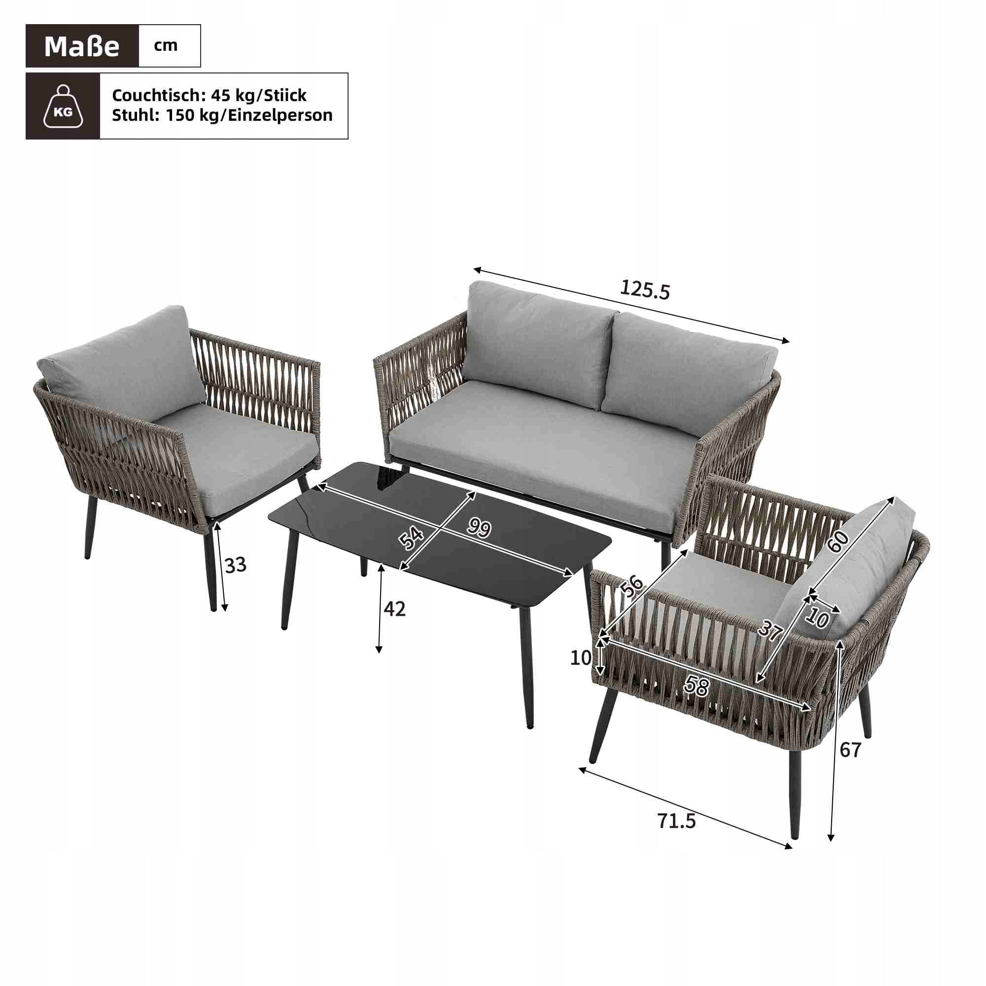 Garden Furniture Set Sofa + 2 Armchairs + Coffee Table Steel Frame Grey Packaging status original