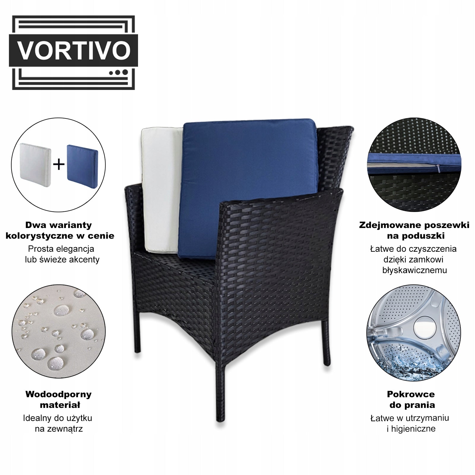 Garden Furniture Set Sofa 2 Armchairs Table for BALCONY and TERRACE 2 x Pillowcases Color black