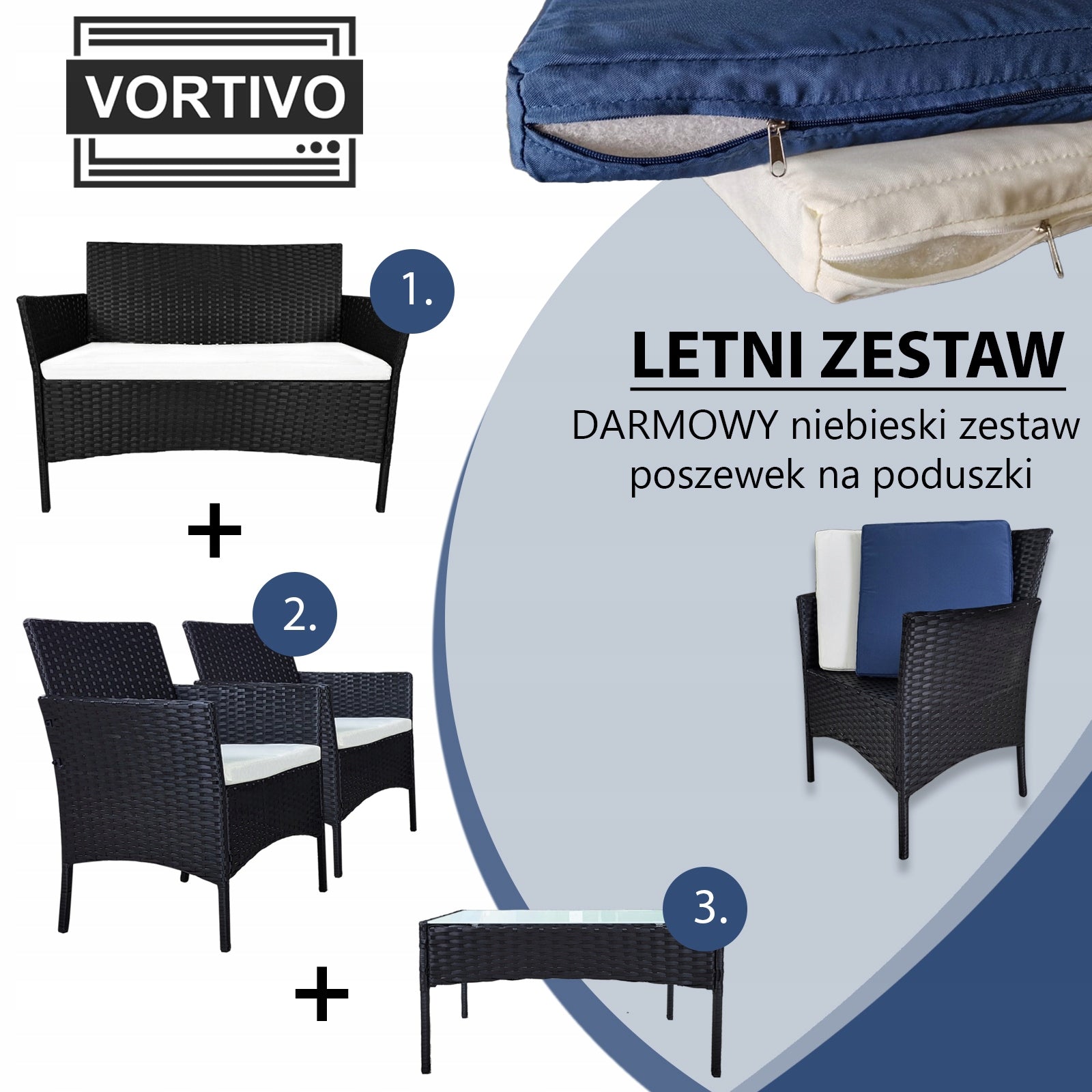 Garden Furniture Set Sofa 2 Armchairs Table for BALCONY and TERRACE 2 x Pillowcases Manufacturer VORTIVO