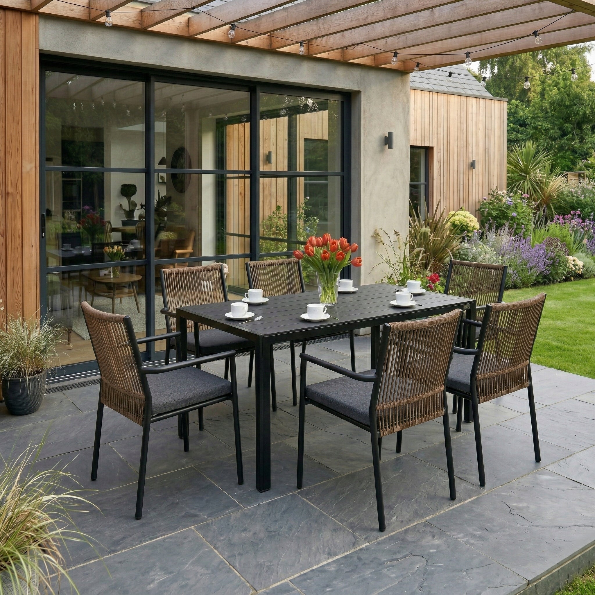 Garden Furniture Set TABLE 6 CHAIRS WITH Terrace Dining CUSHIONS Main material synthetic rattan